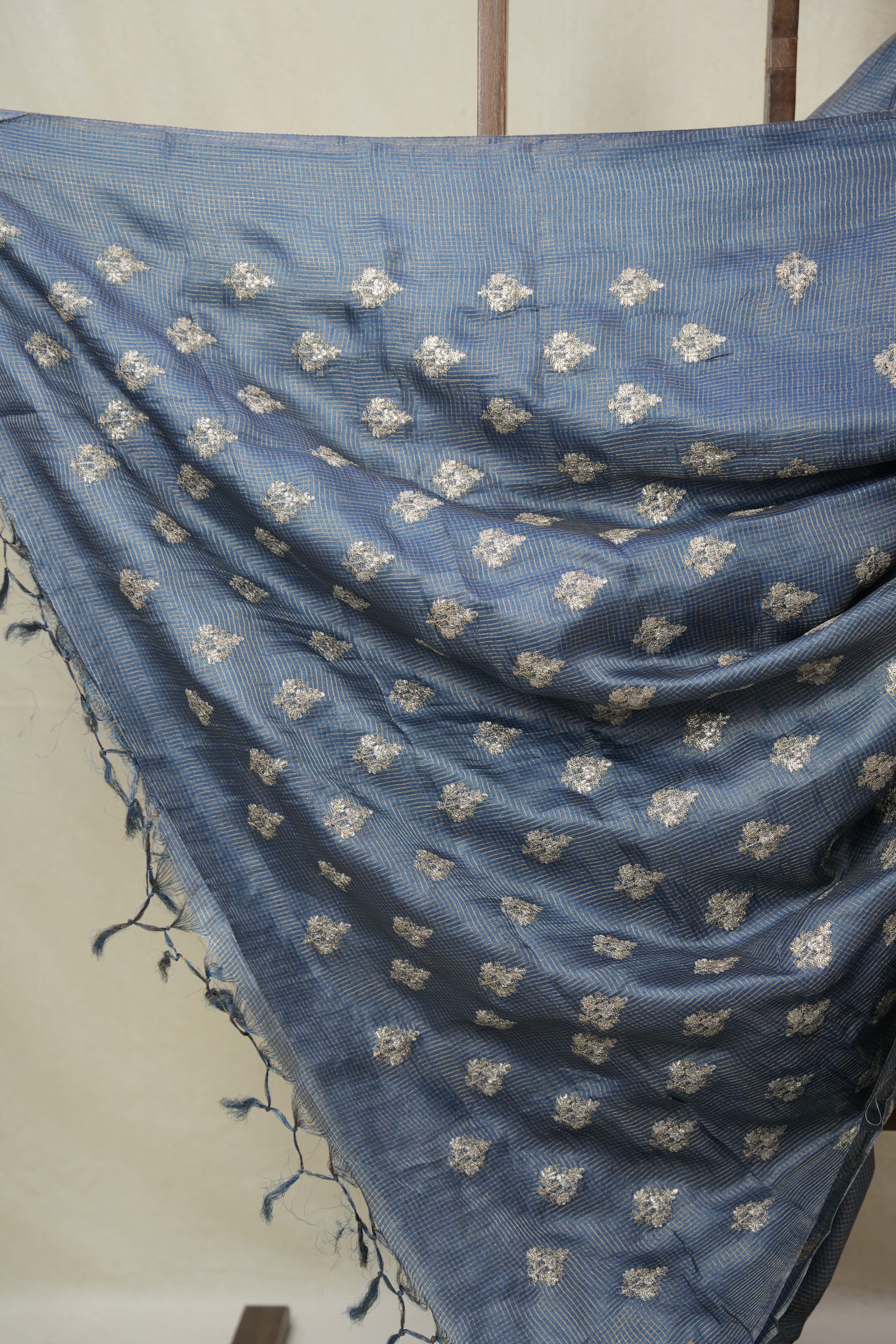 Teal Blue Machine Embroidered Tussar Silk Saree - SRTBMETSS1526