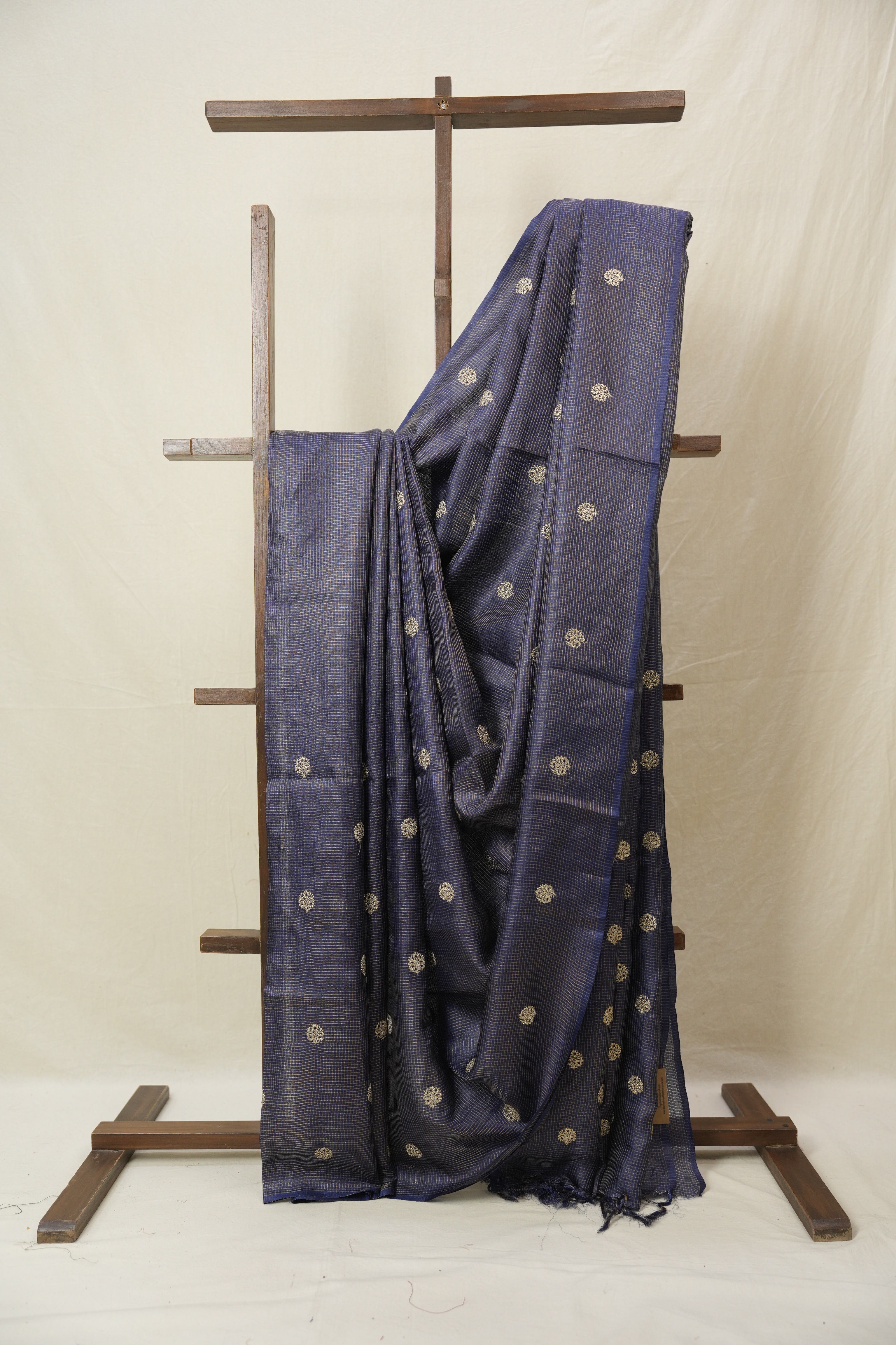 Navy Blue Machine Embroidered Tussar Silk Saree - SRNBMETSS1525