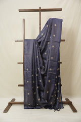 Navy Blue Machine Embroidered Tussar Silk Saree - SRNBMETSS1525