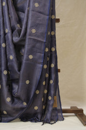 Navy Blue Machine Embroidered Tussar Silk Saree - SRNBMETSS1525