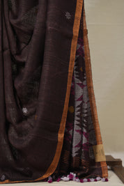Black - Brown Linen Jamdani Saree -SRBBLJS465