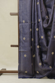 Navy Blue Machine Embroidered Tussar Silk Saree - SRNBMETSS1525