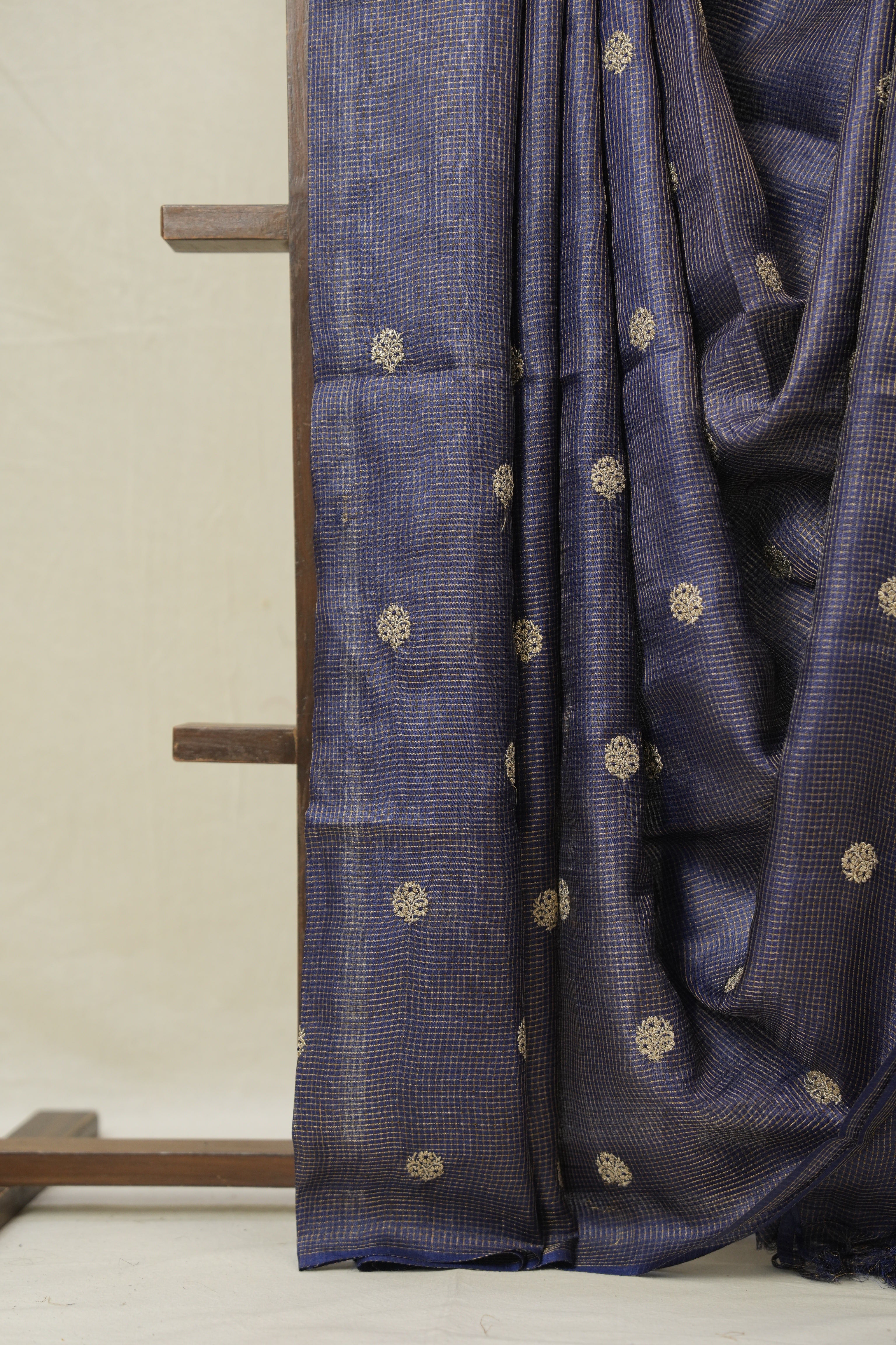 Navy Blue Machine Embroidered Tussar Silk Saree - SRNBMETSS1525