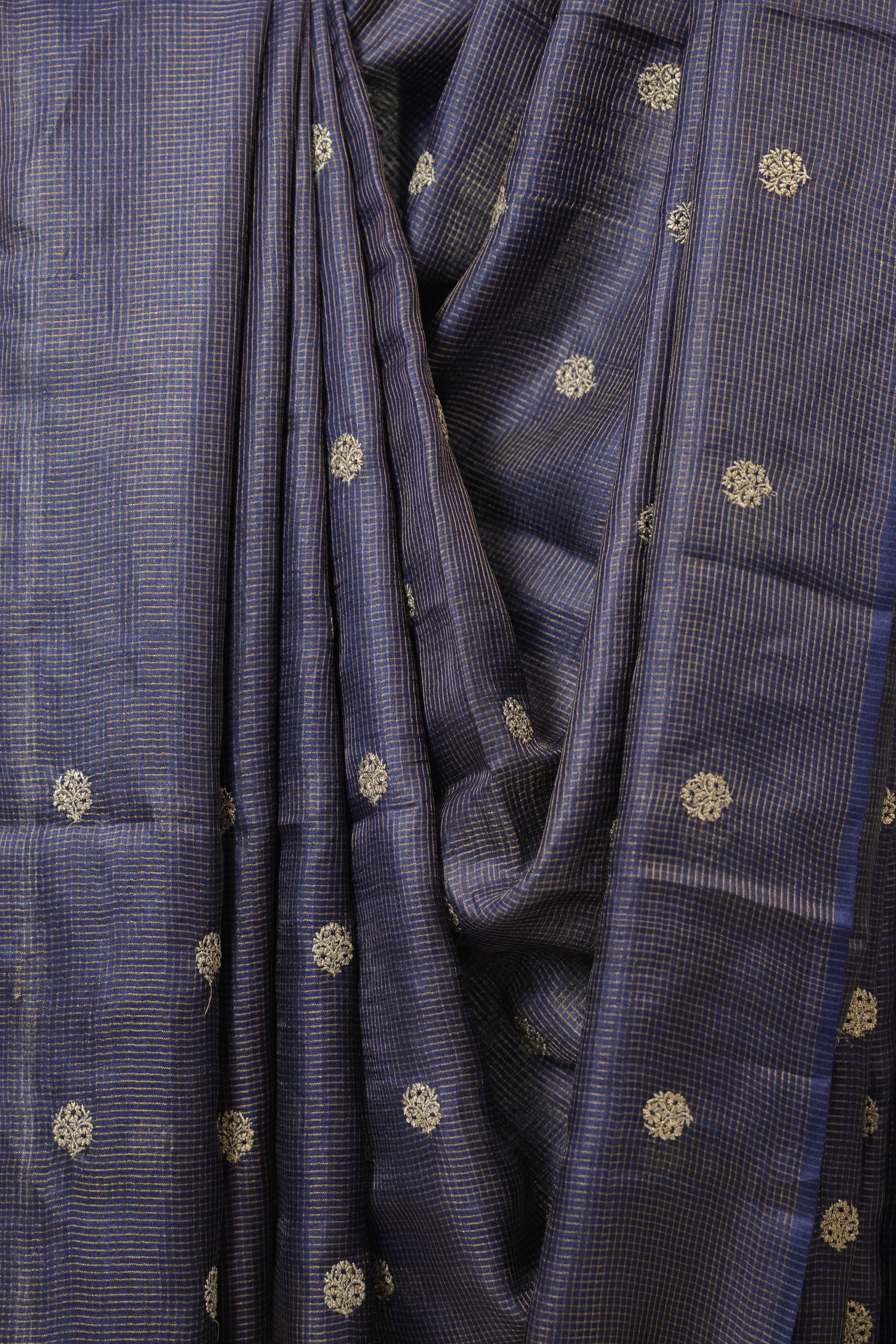Navy Blue Machine Embroidered Tussar Silk Saree - SRNBMETSS1525