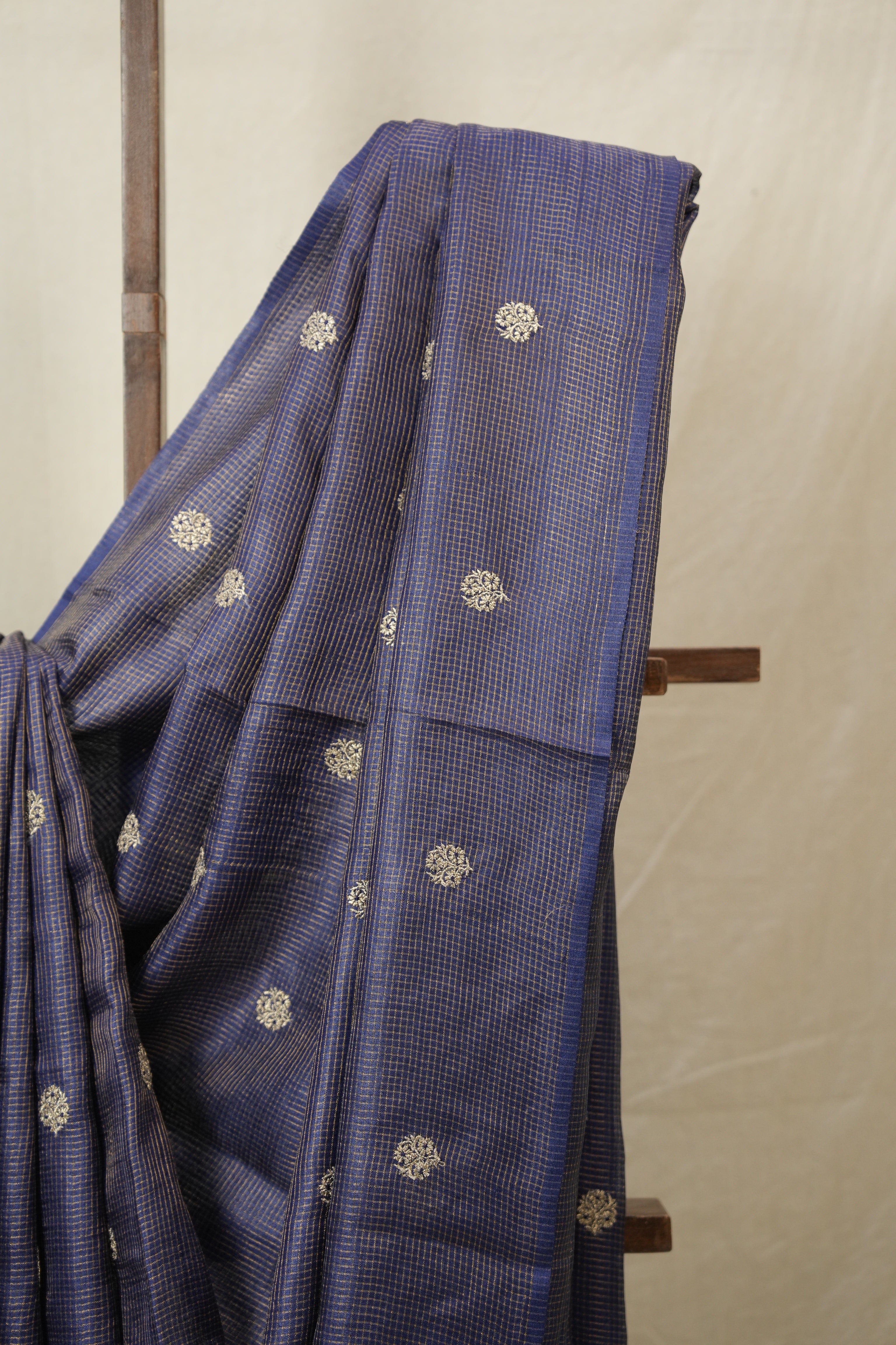 Navy Blue Machine Embroidered Tussar Silk Saree - SRNBMETSS1525