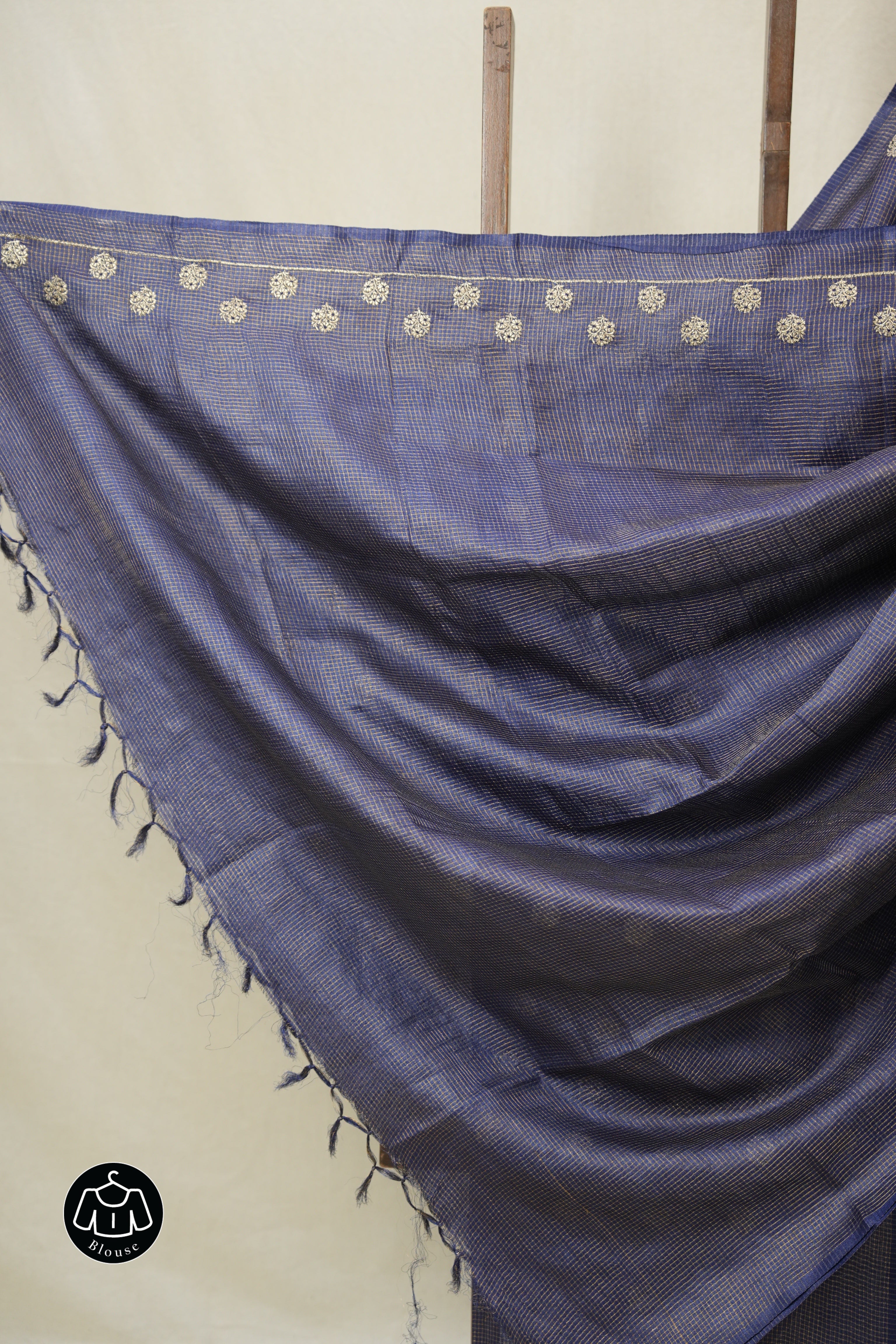 Navy Blue Machine Embroidered Tussar Silk Saree - SRNBMETSS1525