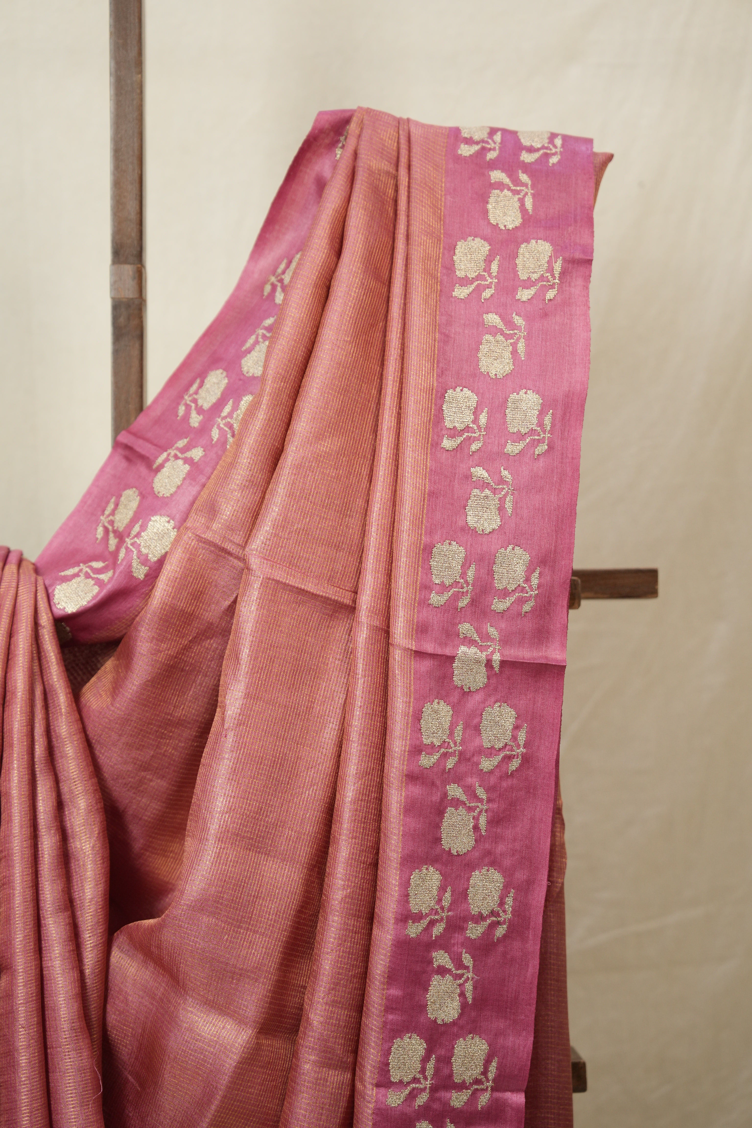 Dusty Pink Machine Embroidered Tussar Silk Saree - SRDPMETSS1524