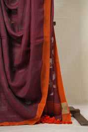 Maroon Orange Linen Jamdani Saree -SRMOLJS474