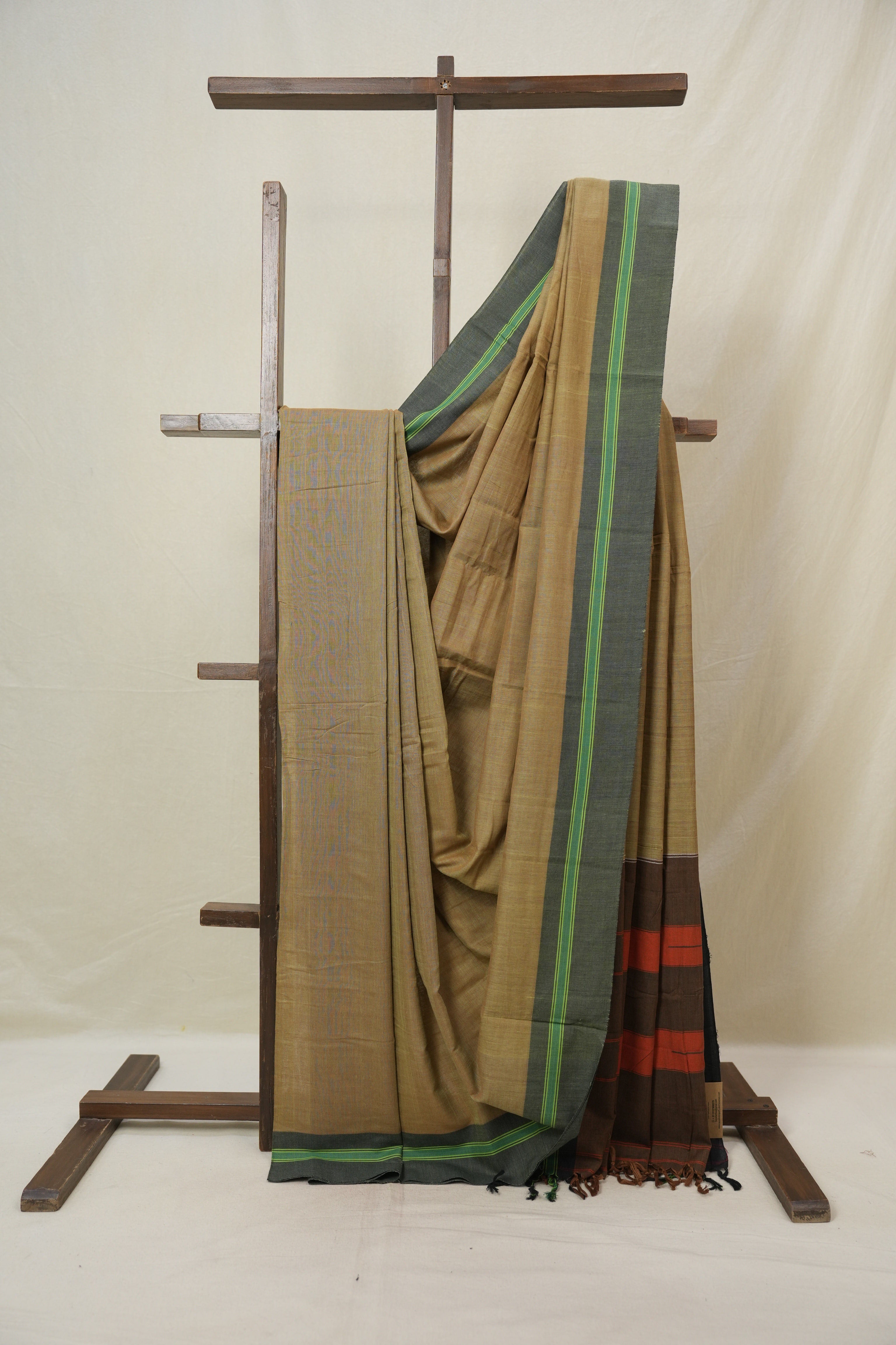 Khaki Green Stripes Cotton Ilkal Saree - SRKGCIS967