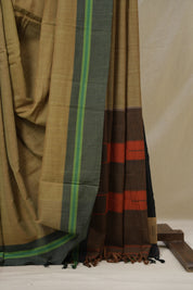 Khaki Green Stripes Cotton Ilkal Saree - SRKGCIS967