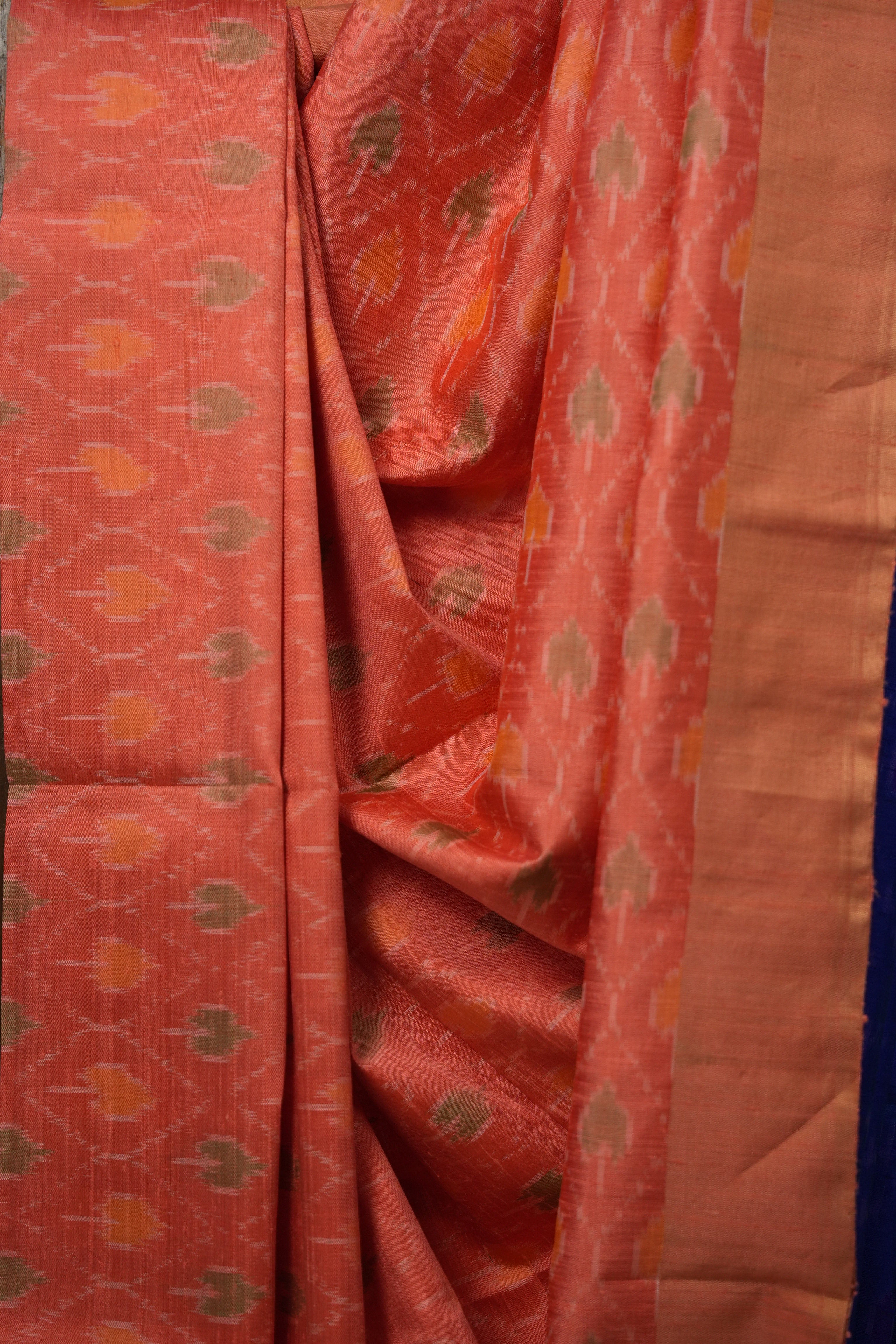 Blue Peach Raw Silk Ikat Saree - SRBPRSIS864