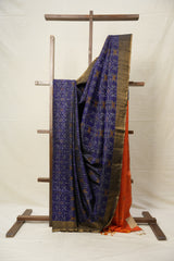 Blue Orange Raw Silk Ikat Saree - SRBORSIS869
