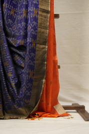 Blue Orange Raw Silk Ikat Saree - SRBORSIS869