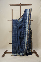Indigo Blue HBP Cotton Silk Saree With Maheshwari Border - SRIBCSS1463