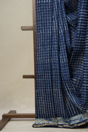 Indigo Blue HBP Cotton Silk Saree With Maheshwari Border - SRIBCSS1463