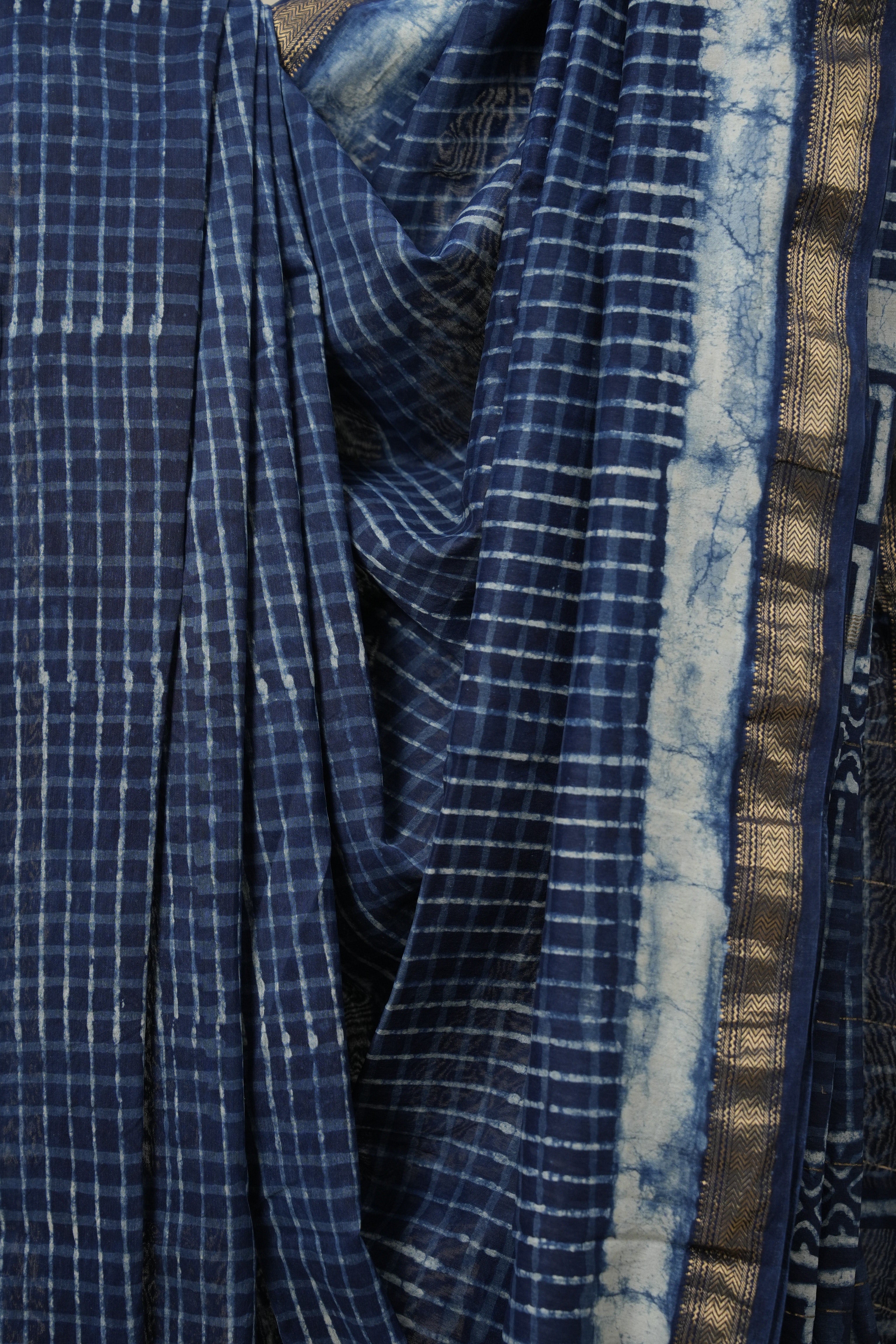 Indigo Blue HBP Cotton Silk Saree With Maheshwari Border - SRIBCSS1463