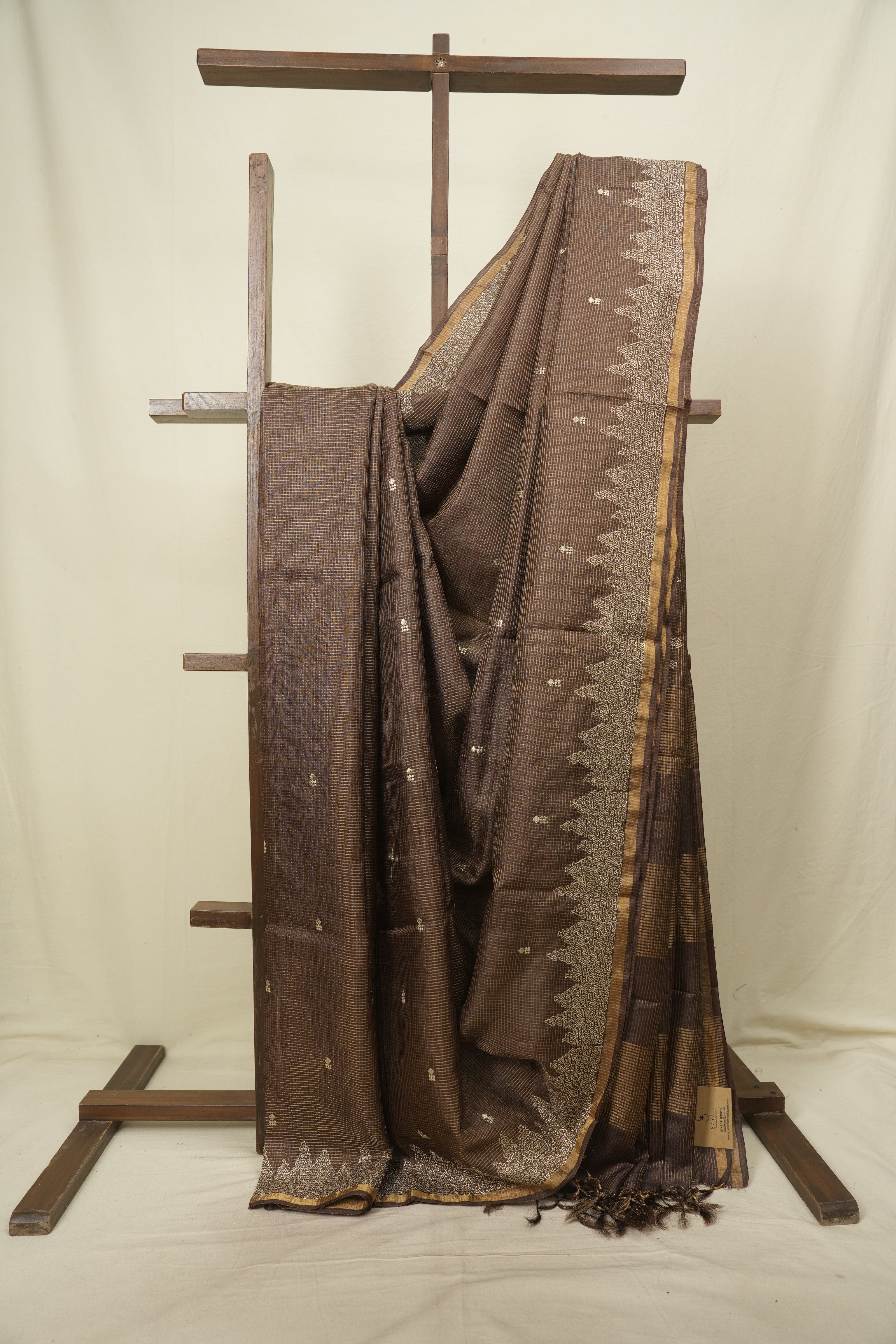 Brown Embroidered Tussar Silk Saree -SRBETSS1586