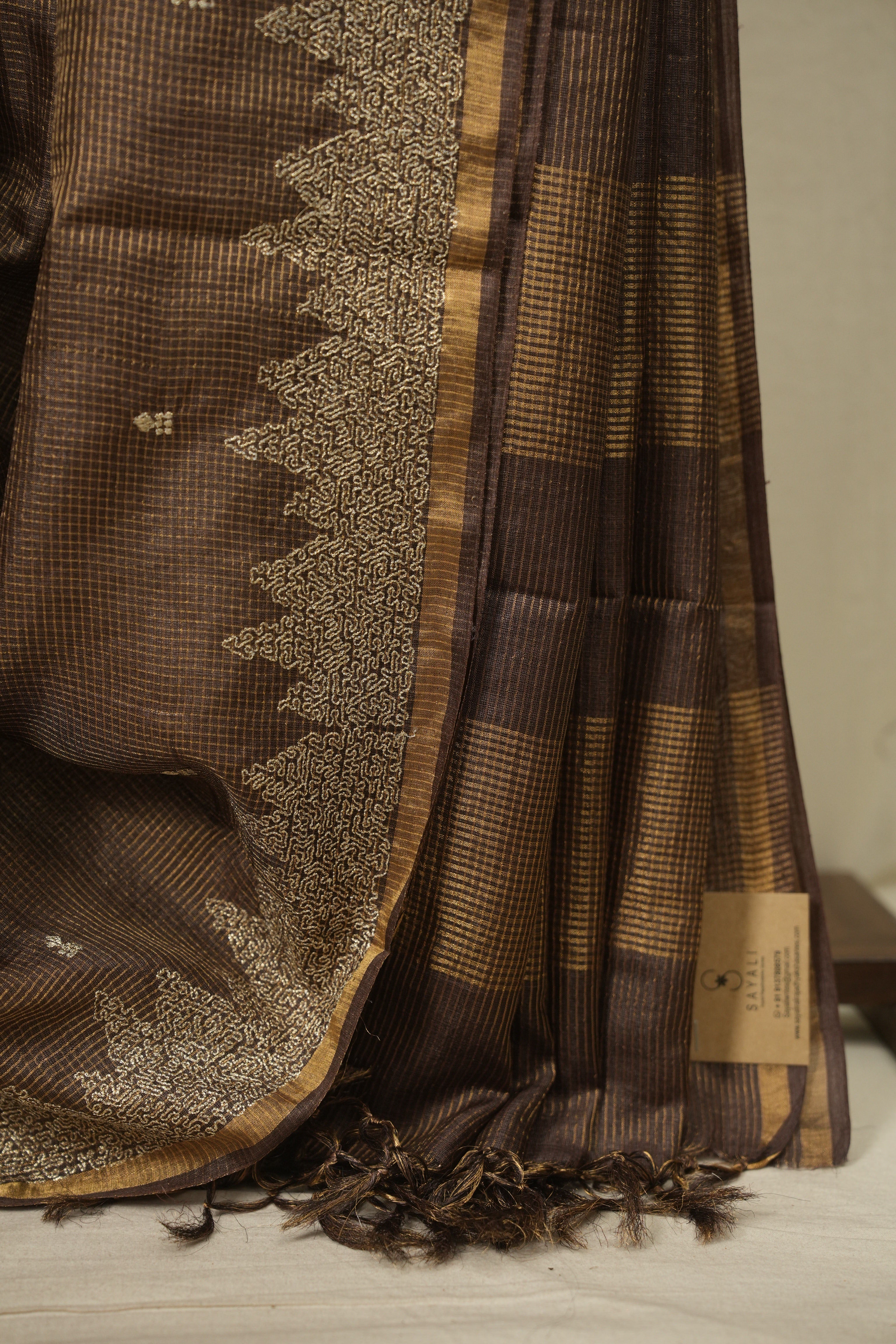 Brown Embroidered Tussar Silk Saree -SRBETSS1586
