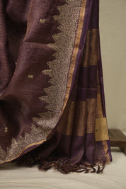 Purple Embroidered Tussar Silk Saree -SRPETSS1585