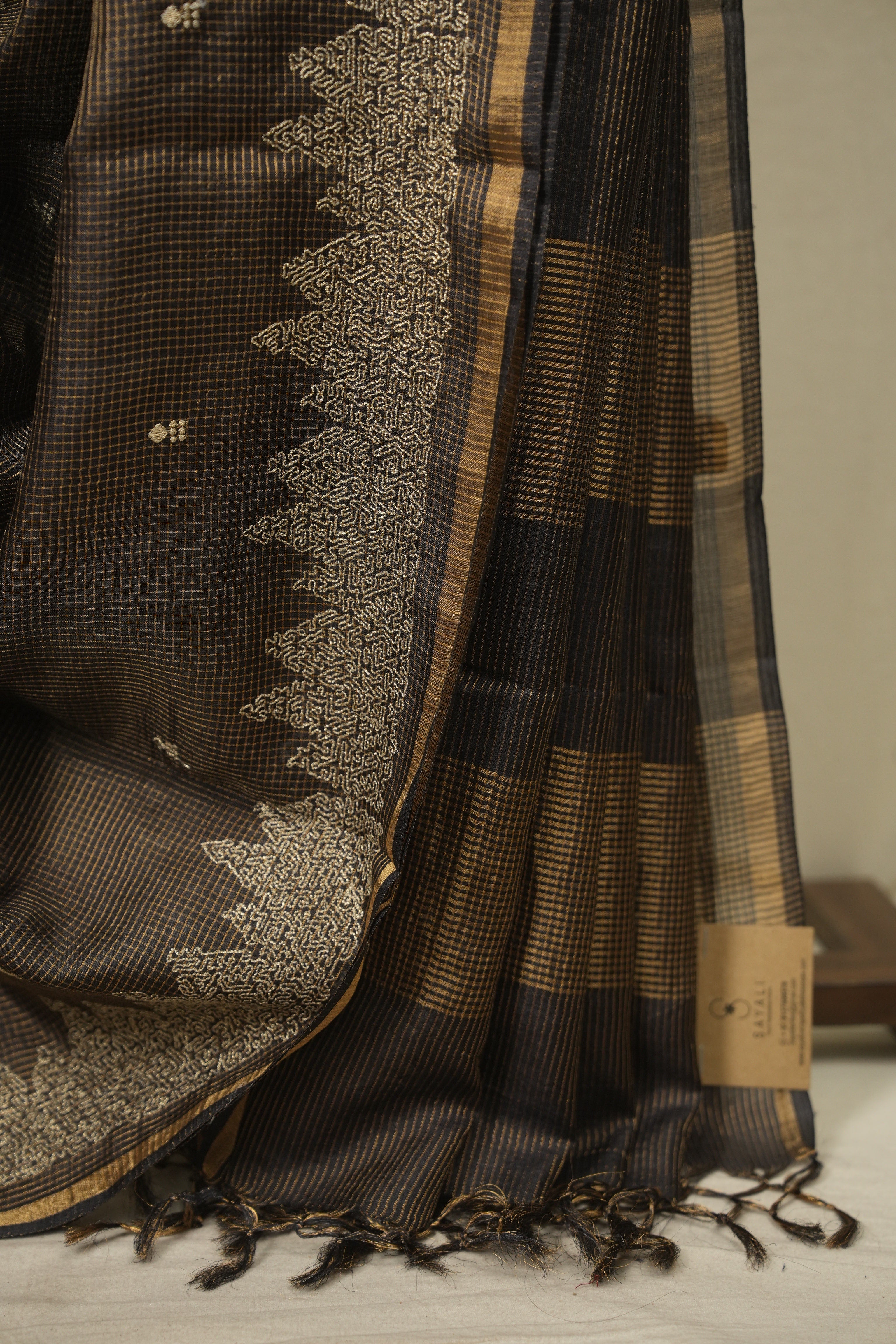 Black Embroidered Tussar Silk Saree -SRBETSS1580