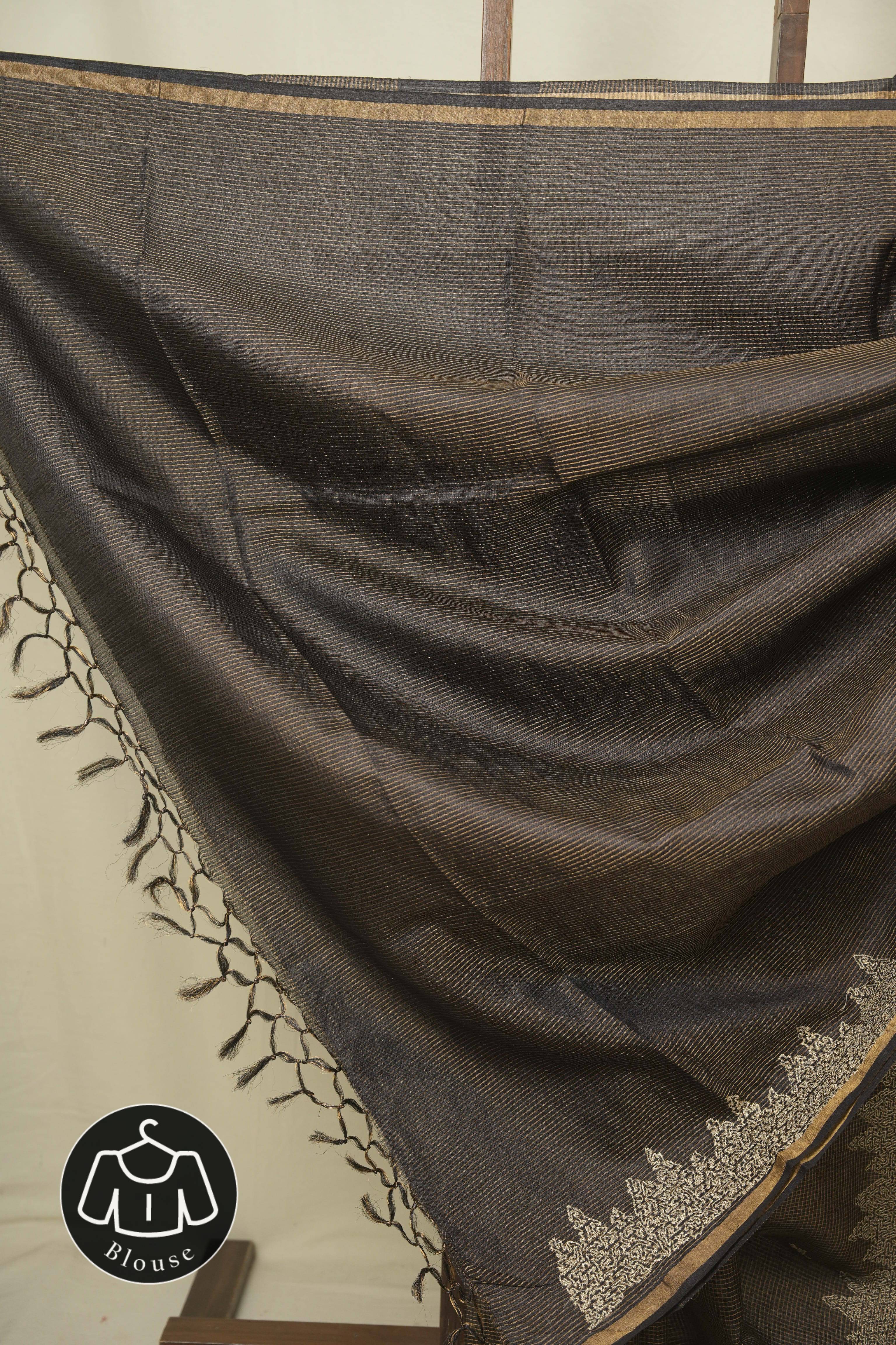 Black Embroidered Tussar Silk Saree -SRBETSS1580
