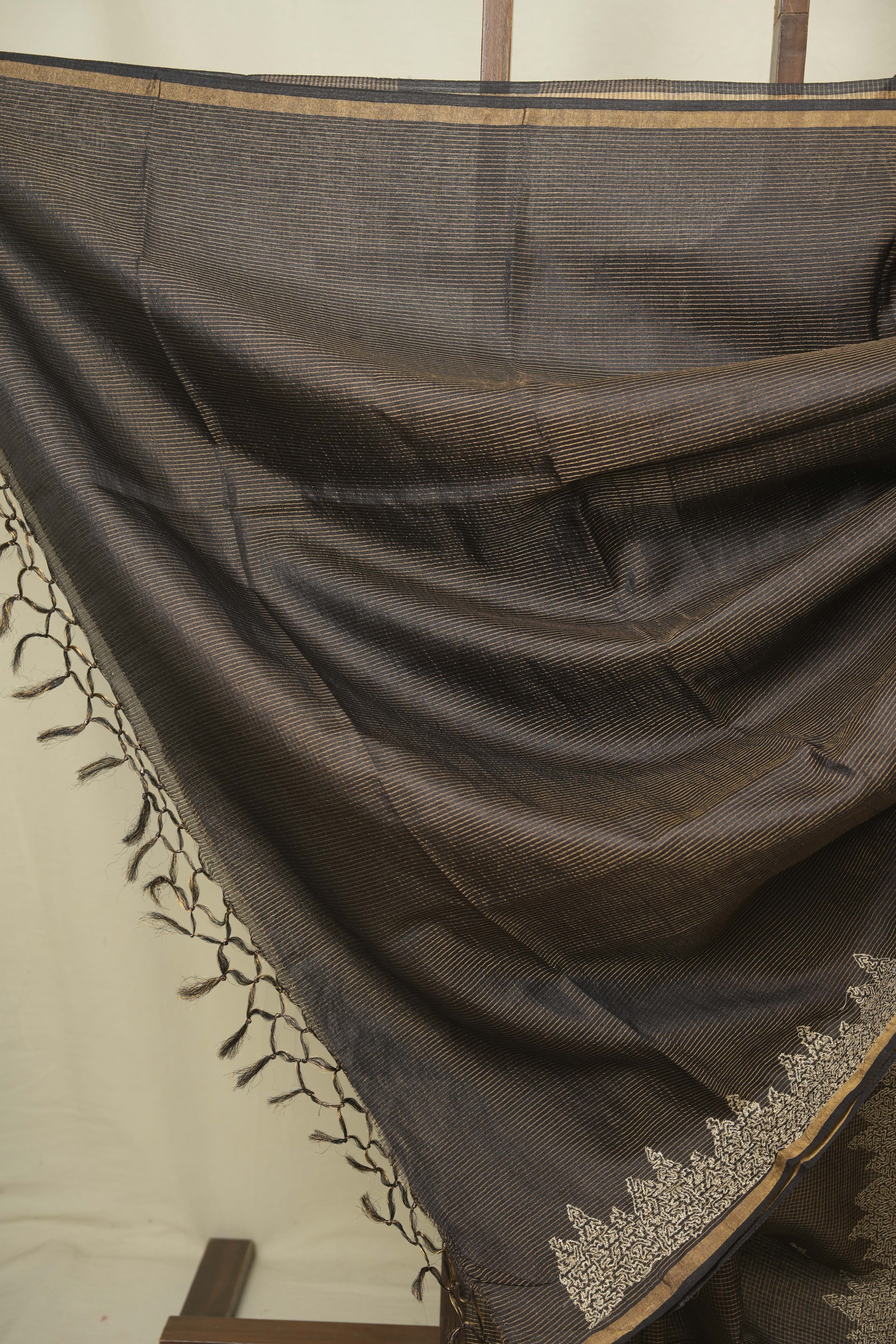 Black Embroidered Tussar Silk Saree -SRBETSS1580