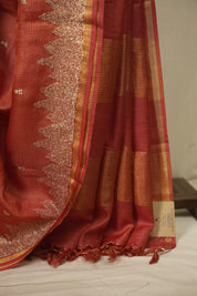 Red Embroidered Tussar Silk Saree -SRRETSS1589