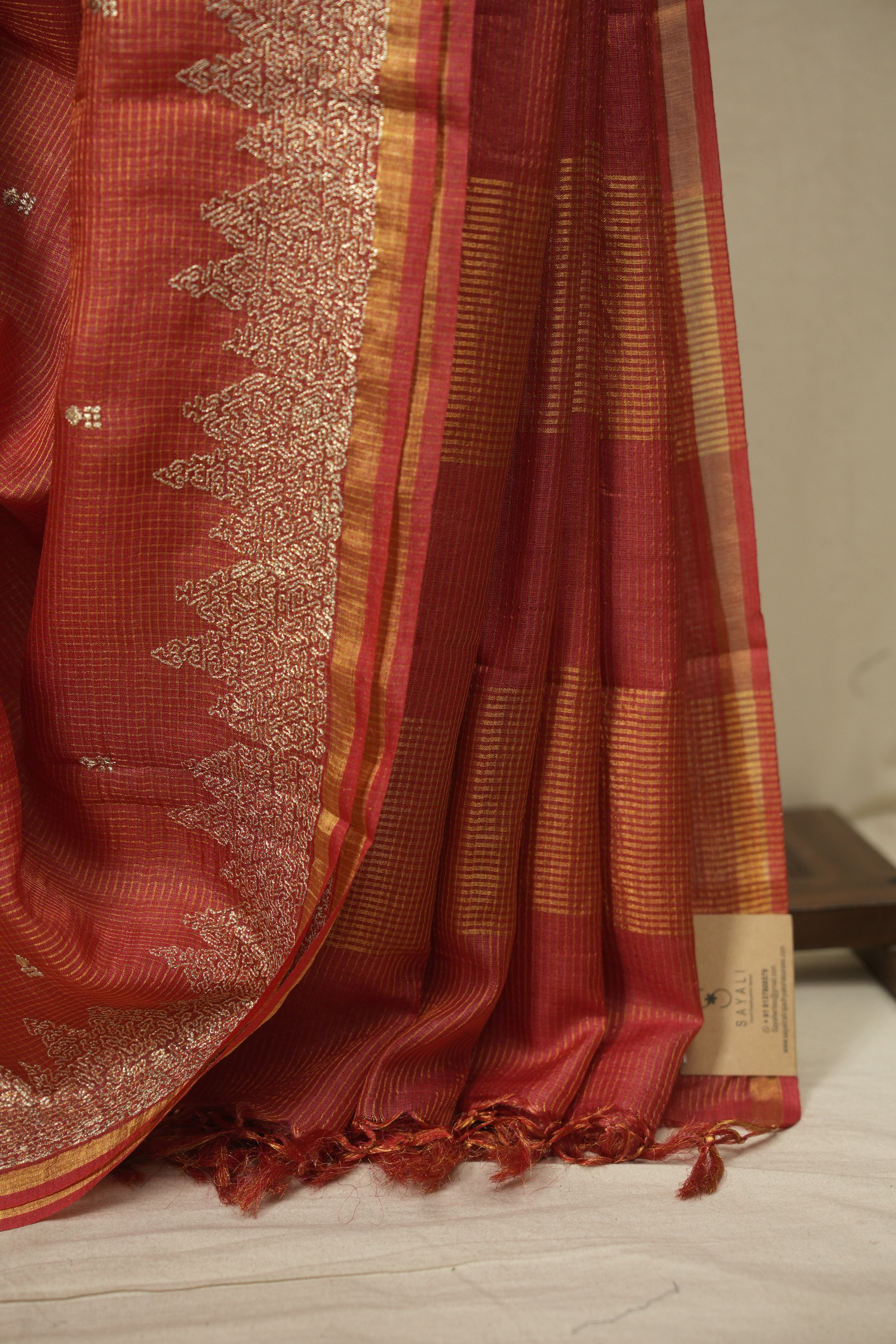 Red Embroidered Tussar Silk Saree -SRRETSS1589