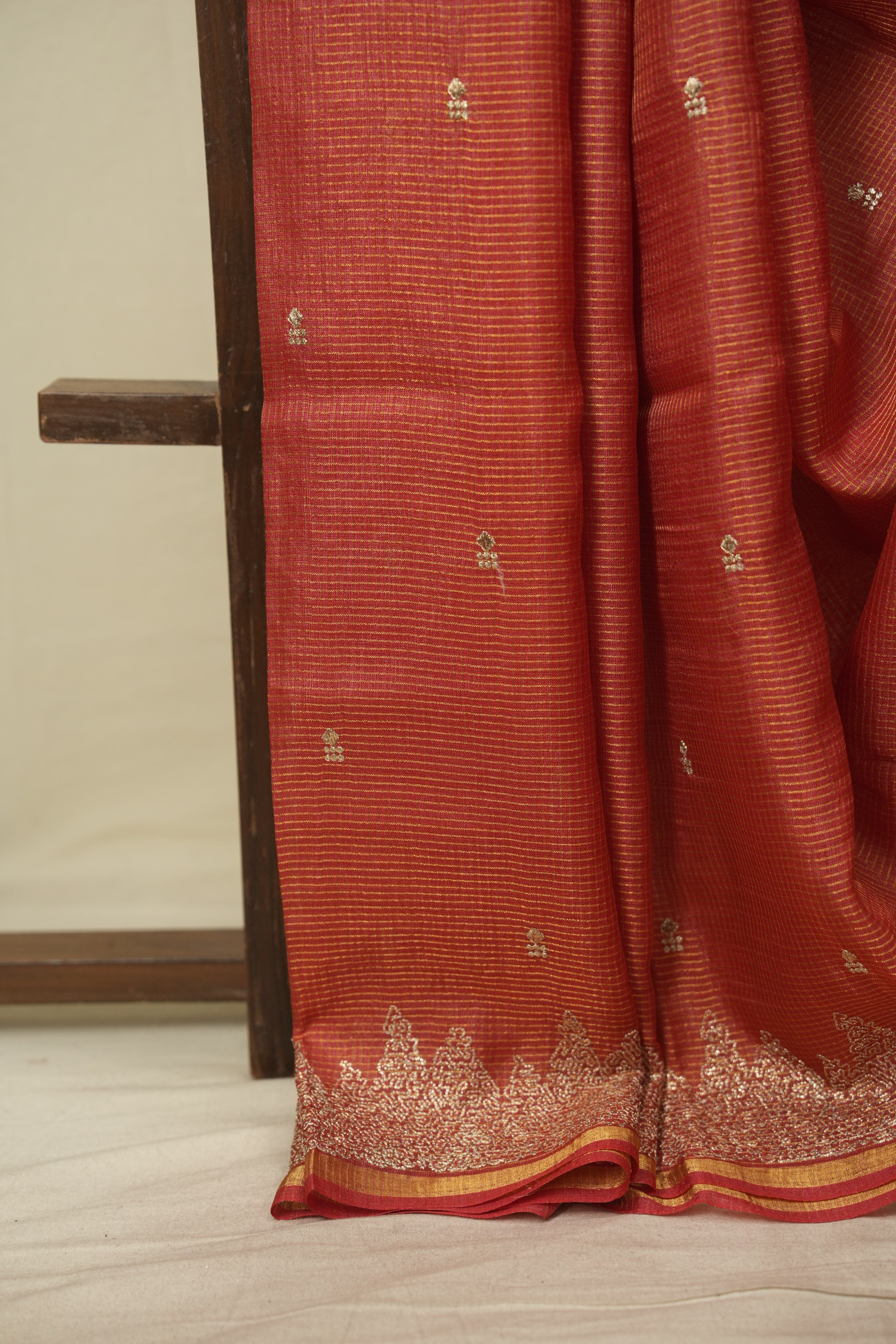 Red Embroidered Tussar Silk Saree -SRRETSS1589