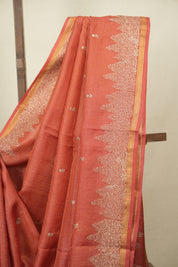 Red Embroidered Tussar Silk Saree -SRRETSS1589