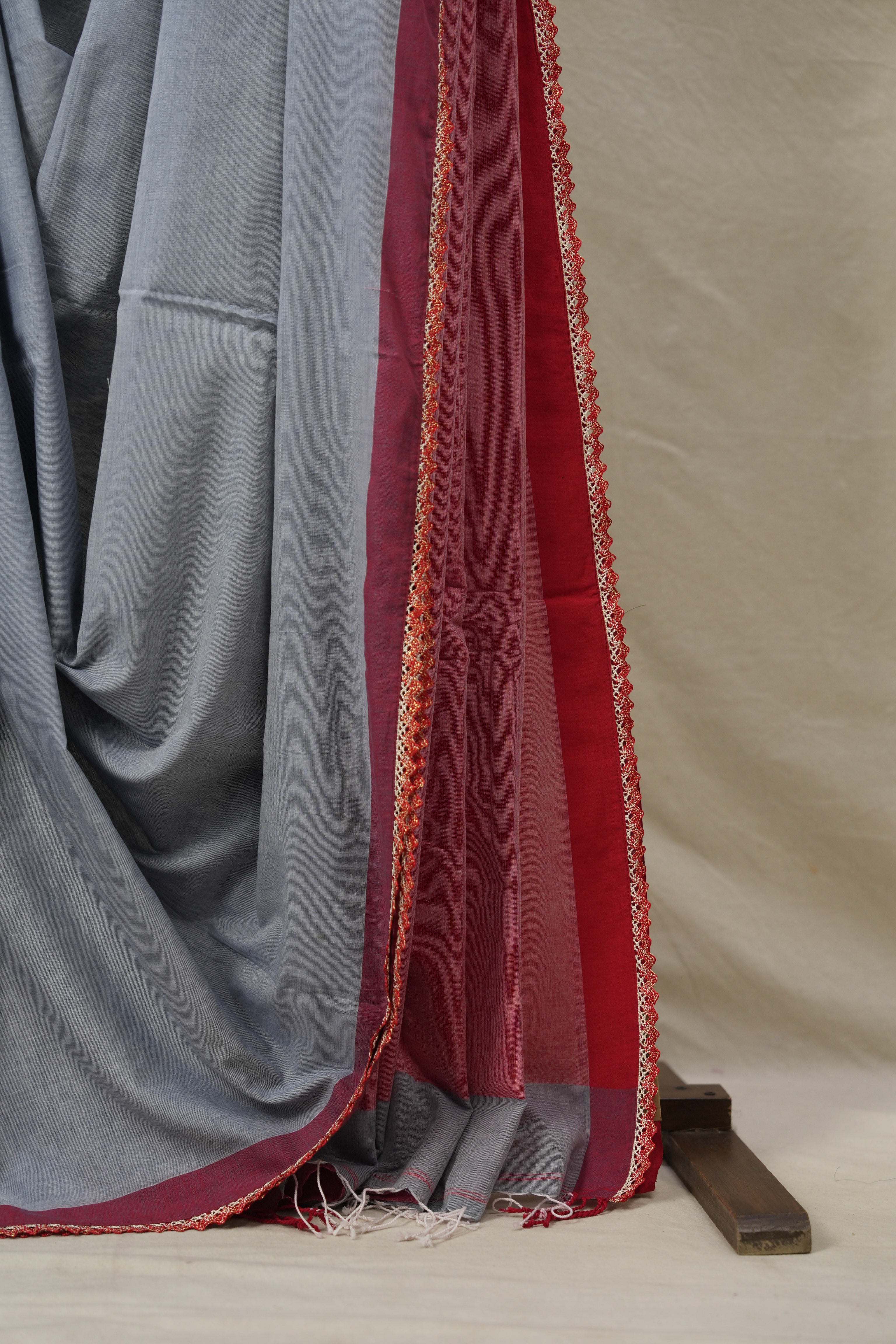 Bluish Grey Bengal Cotton Saree With Lace (DEFECT) - SRBGBCSWL88-PI