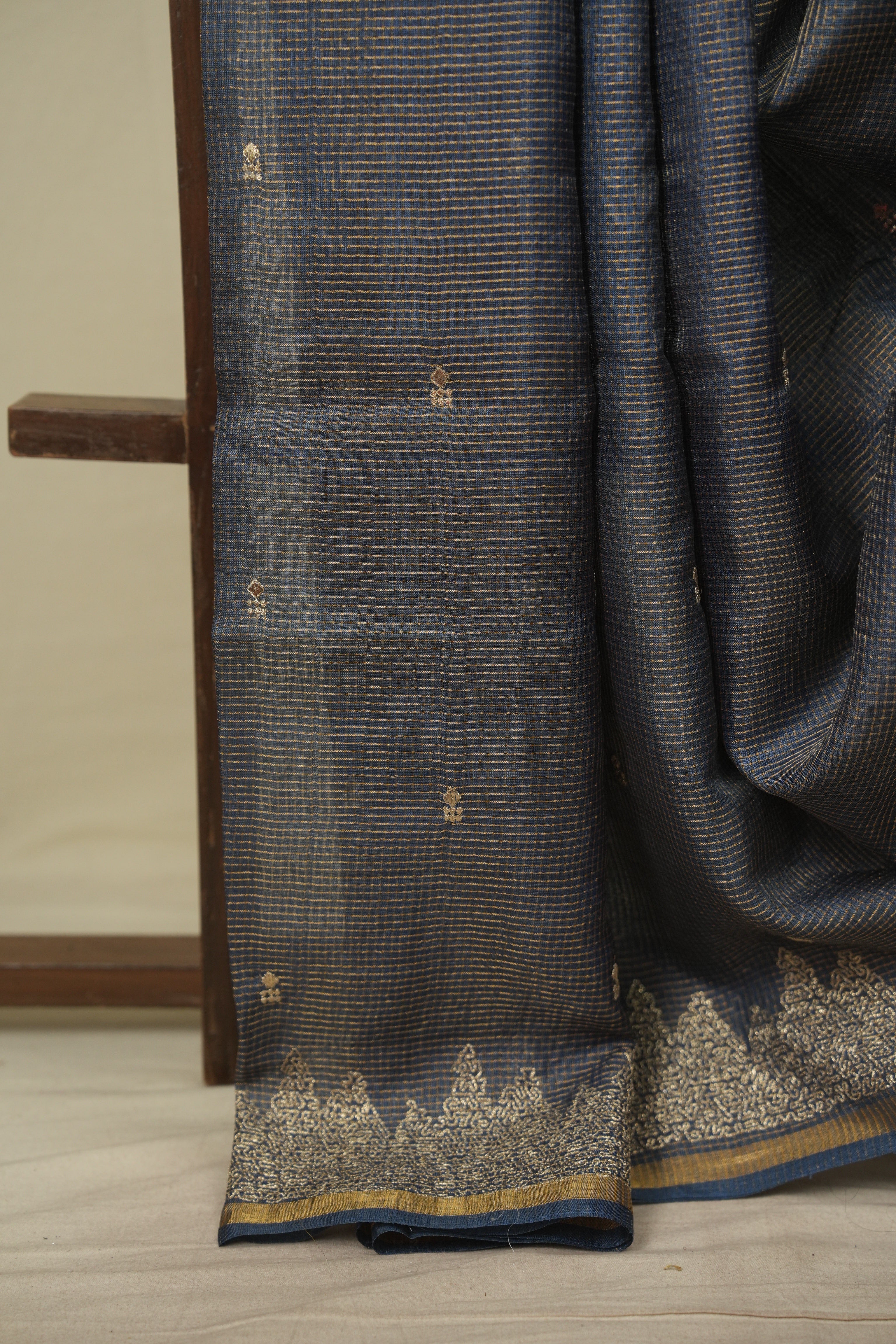 Peacock Blue Embroidered Tussar Silk Saree -SRPBETSS1591