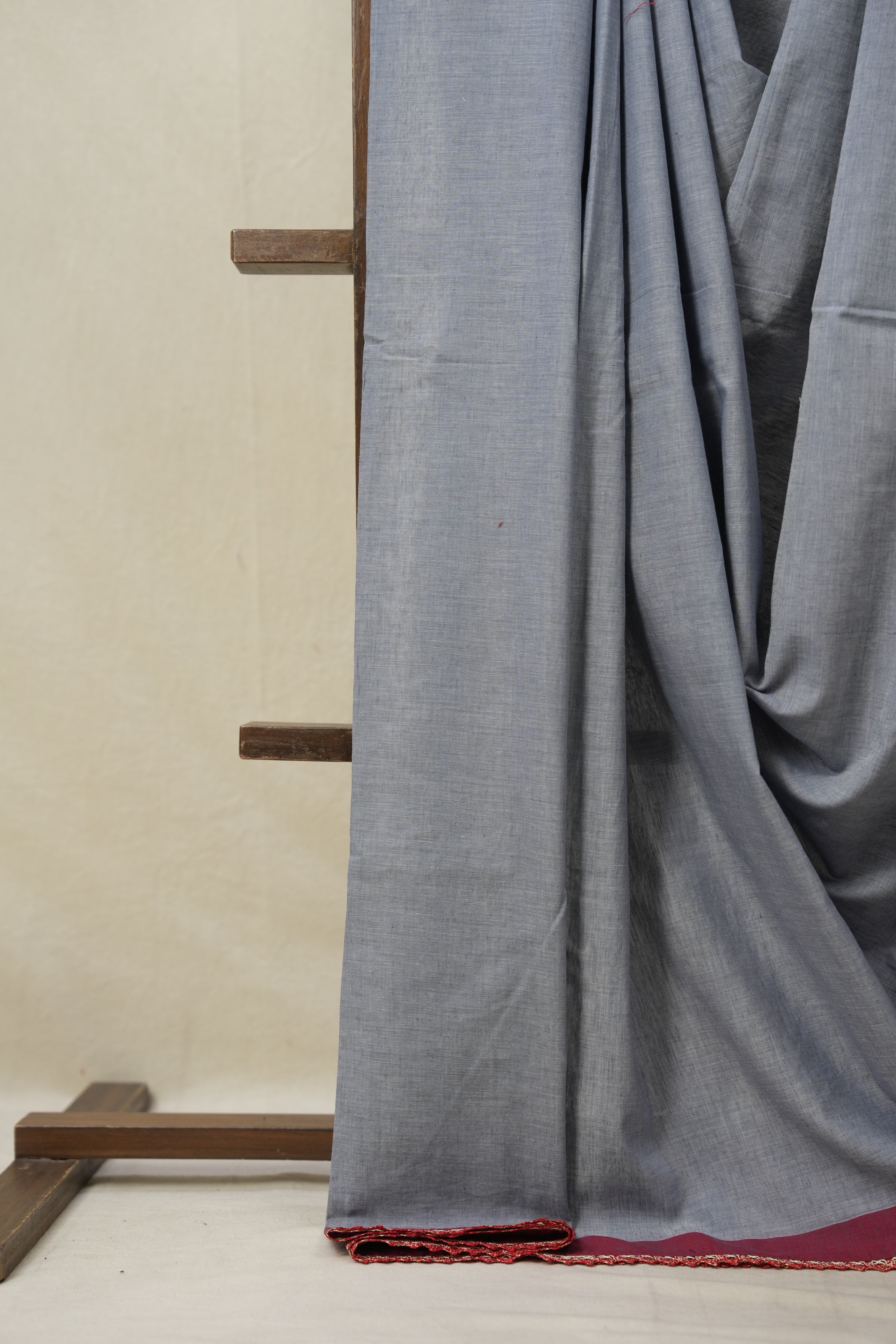 Bluish Grey Bengal Cotton Saree With Lace (DEFECT) - SRBGBCSWL88-PI