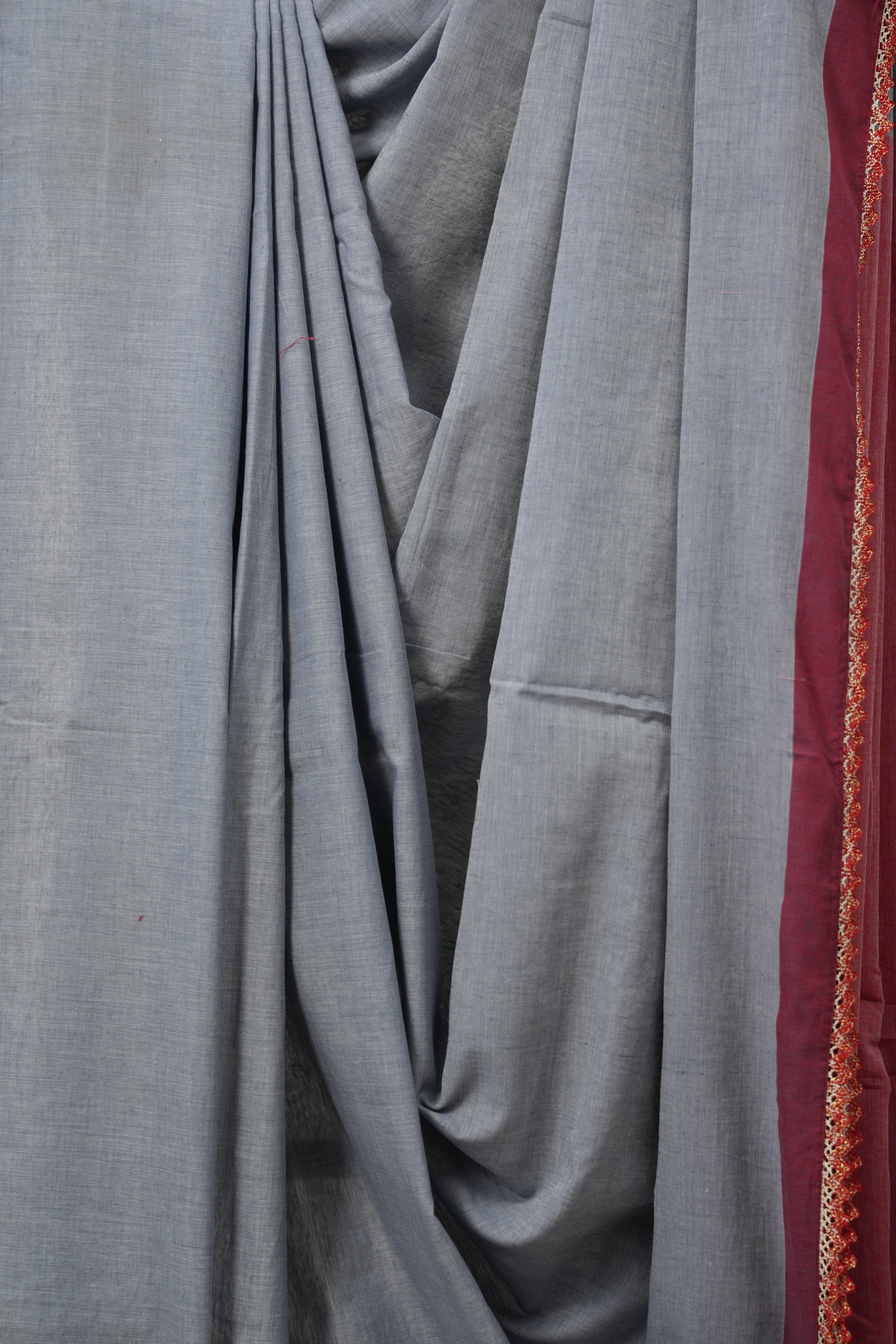 Bluish Grey Bengal Cotton Saree With Lace (DEFECT) - SRBGBCSWL88-PI