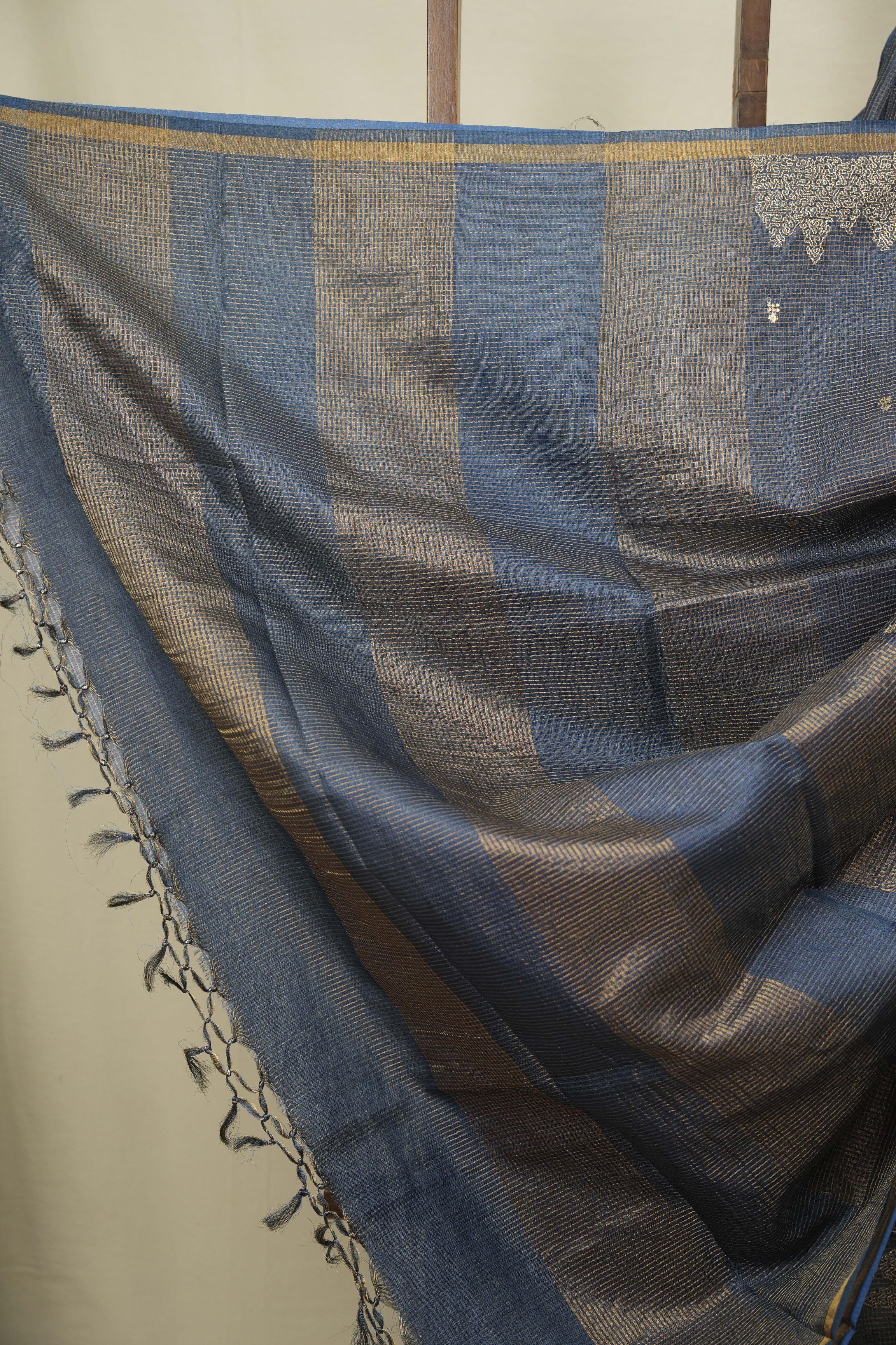 Peacock Blue Embroidered Tussar Silk Saree -SRPBETSS1591