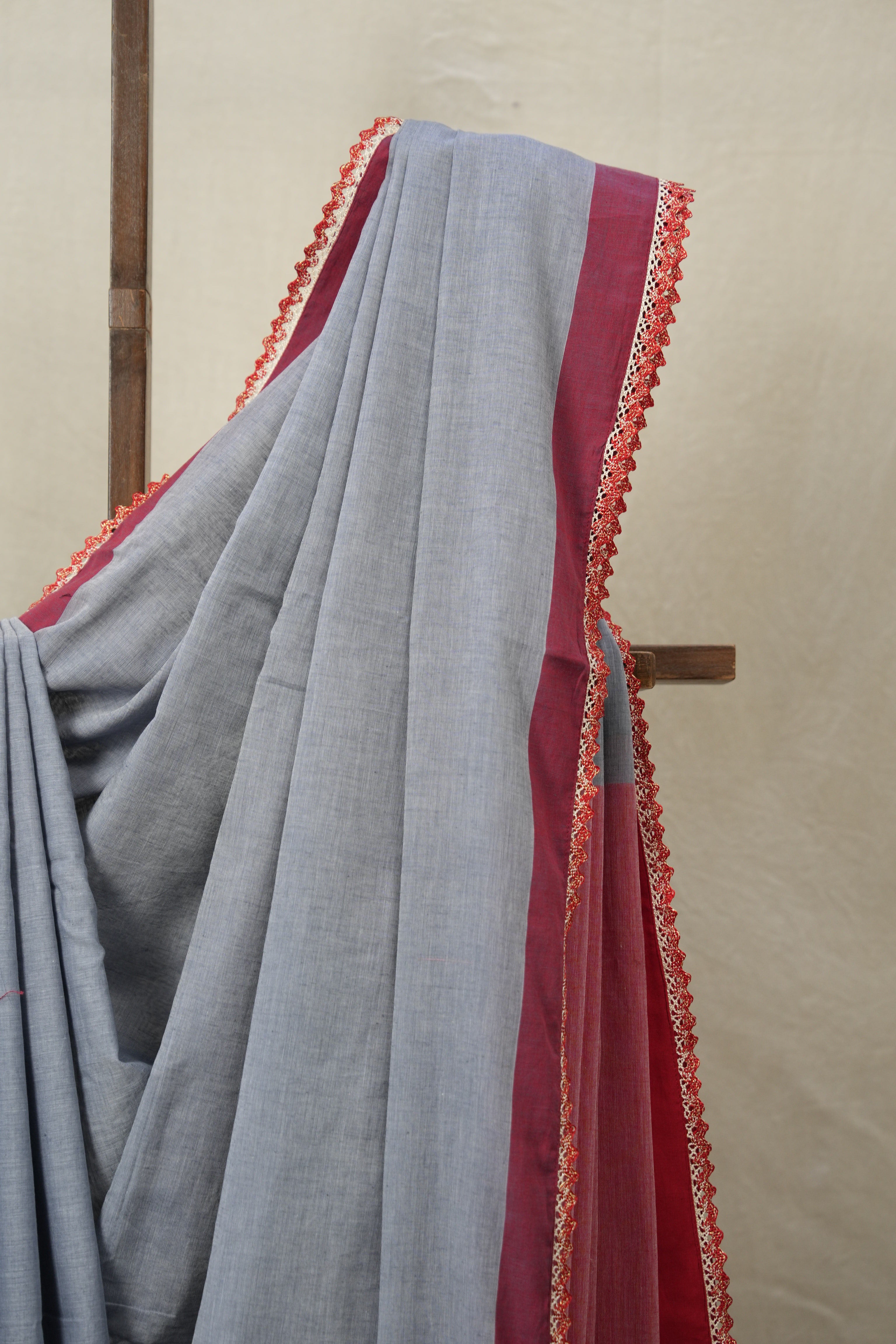 Bluish Grey Bengal Cotton Saree With Lace (DEFECT) - SRBGBCSWL88-PI