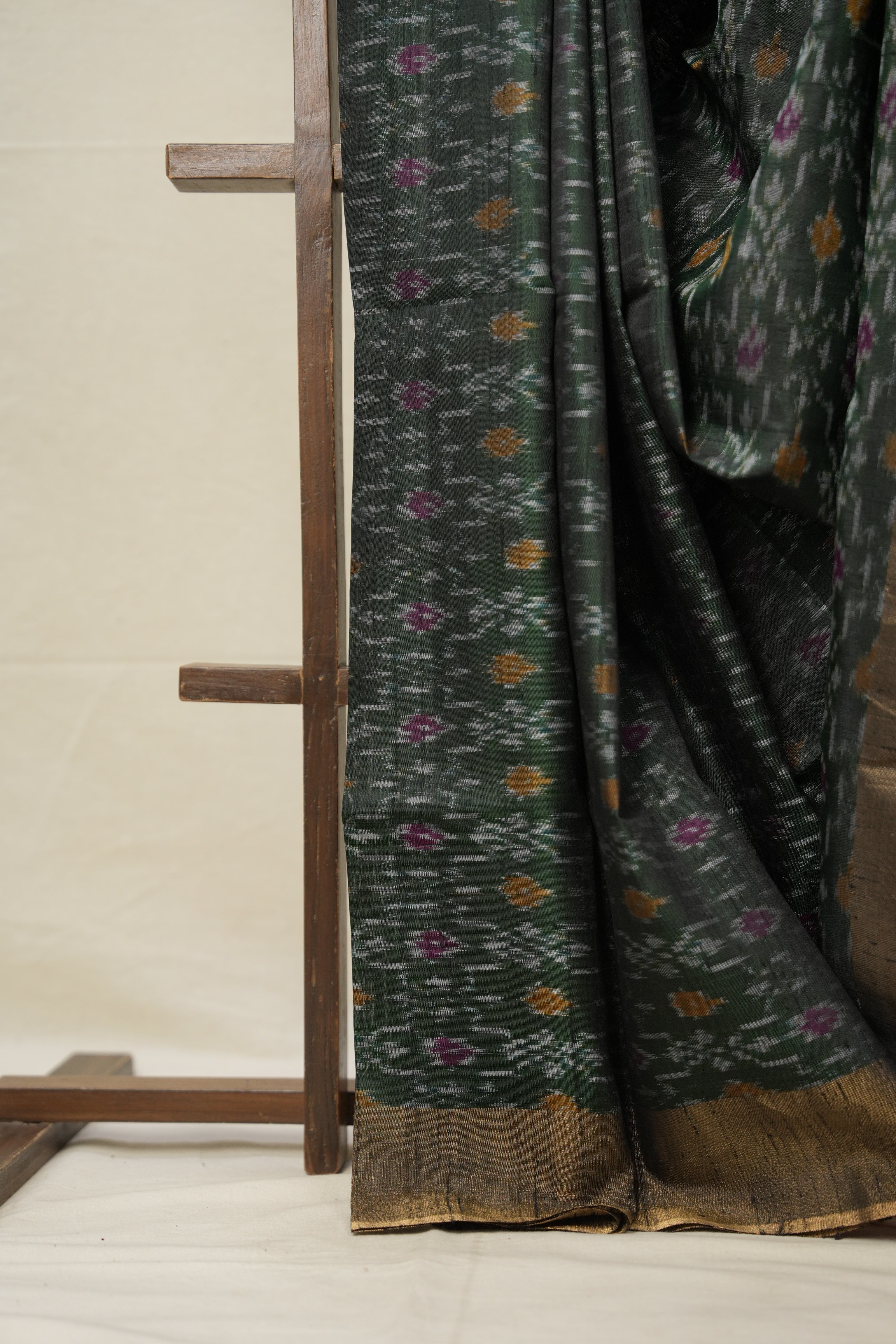 Bottle Green Yellow Raw Silk Ikat Saree - SRBGYRSIS868