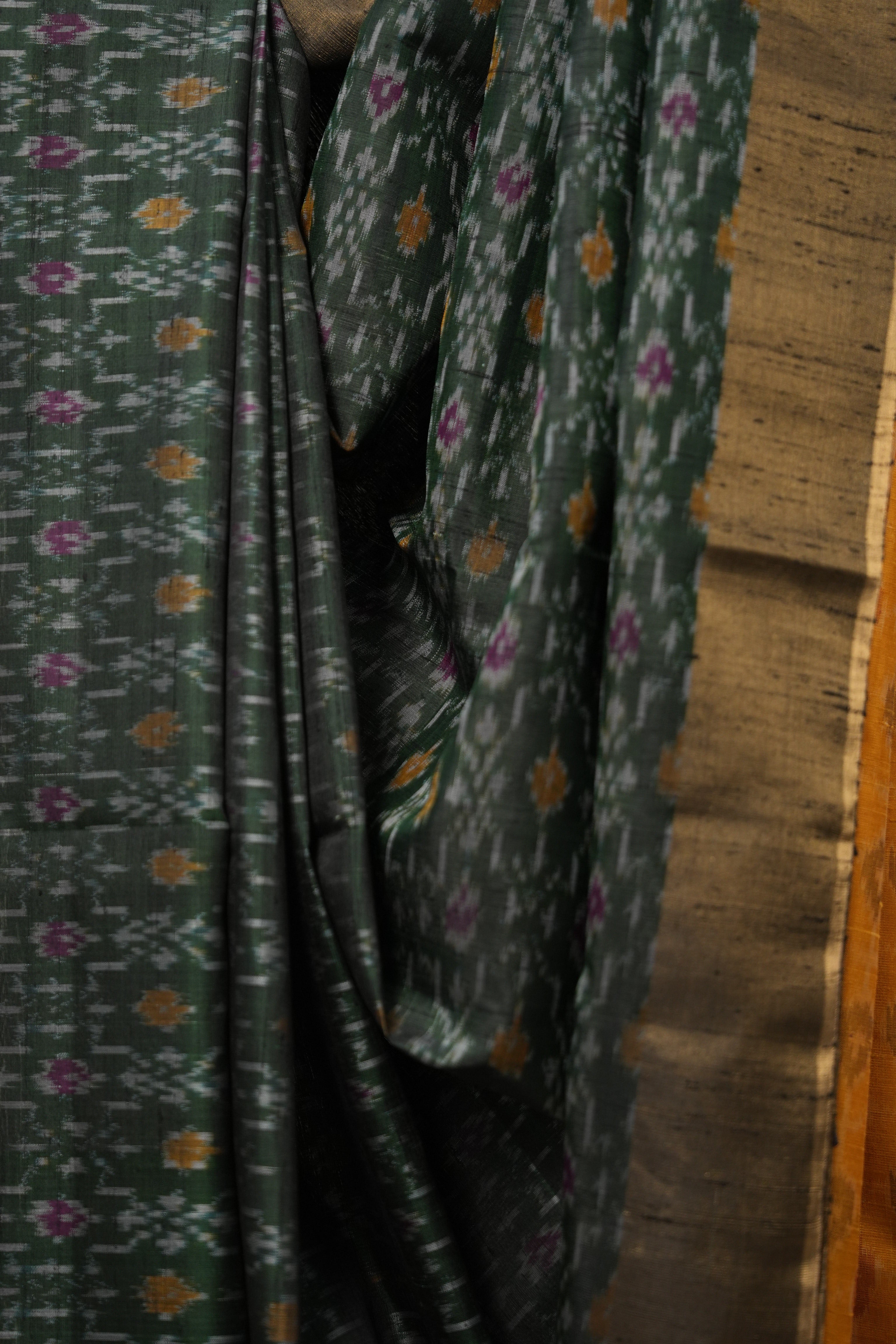 Bottle Green Yellow Raw Silk Ikat Saree - SRBGYRSIS868