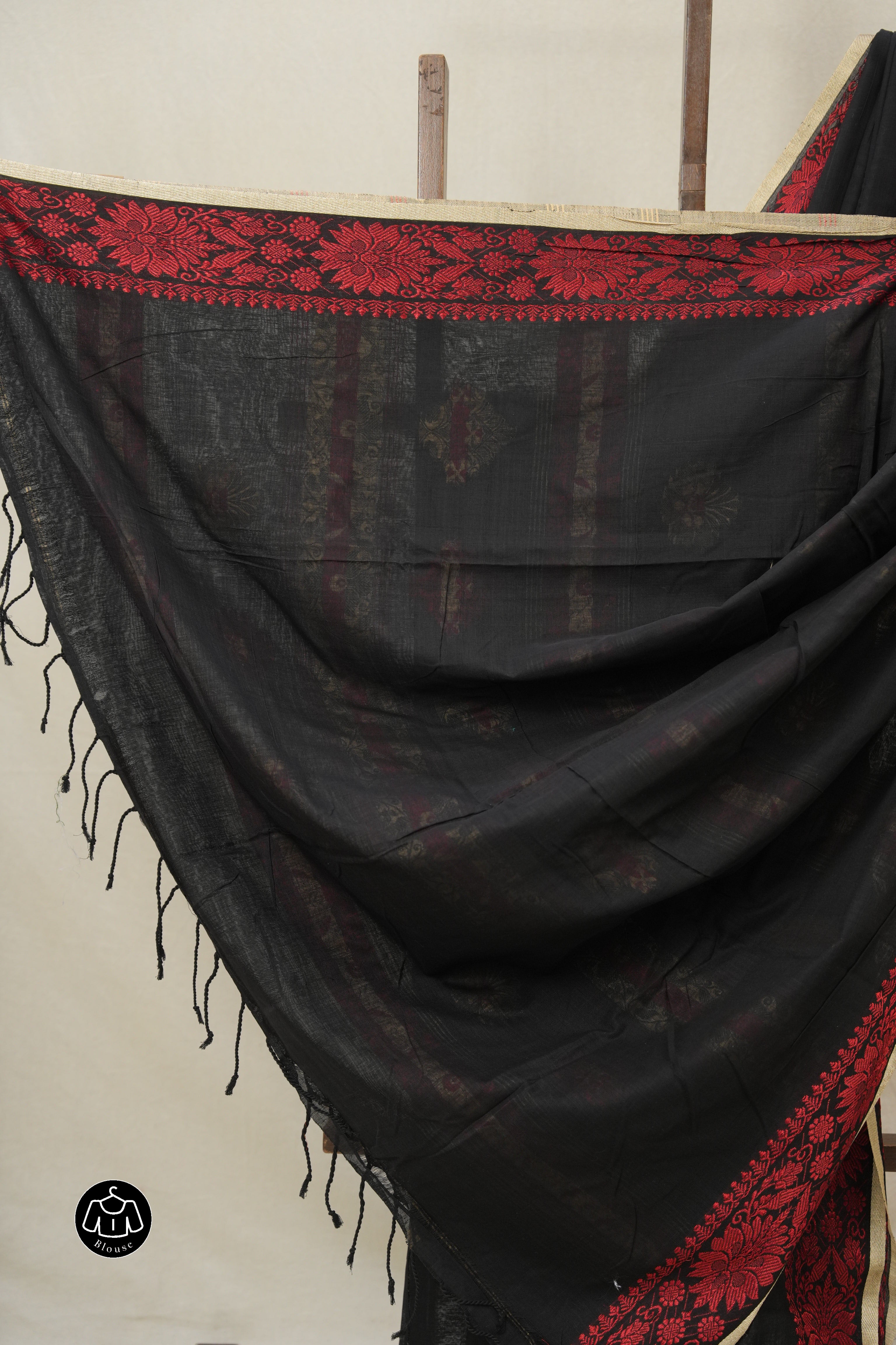 Black Bengal Khadi Cotton Saree - SRBBKCS163