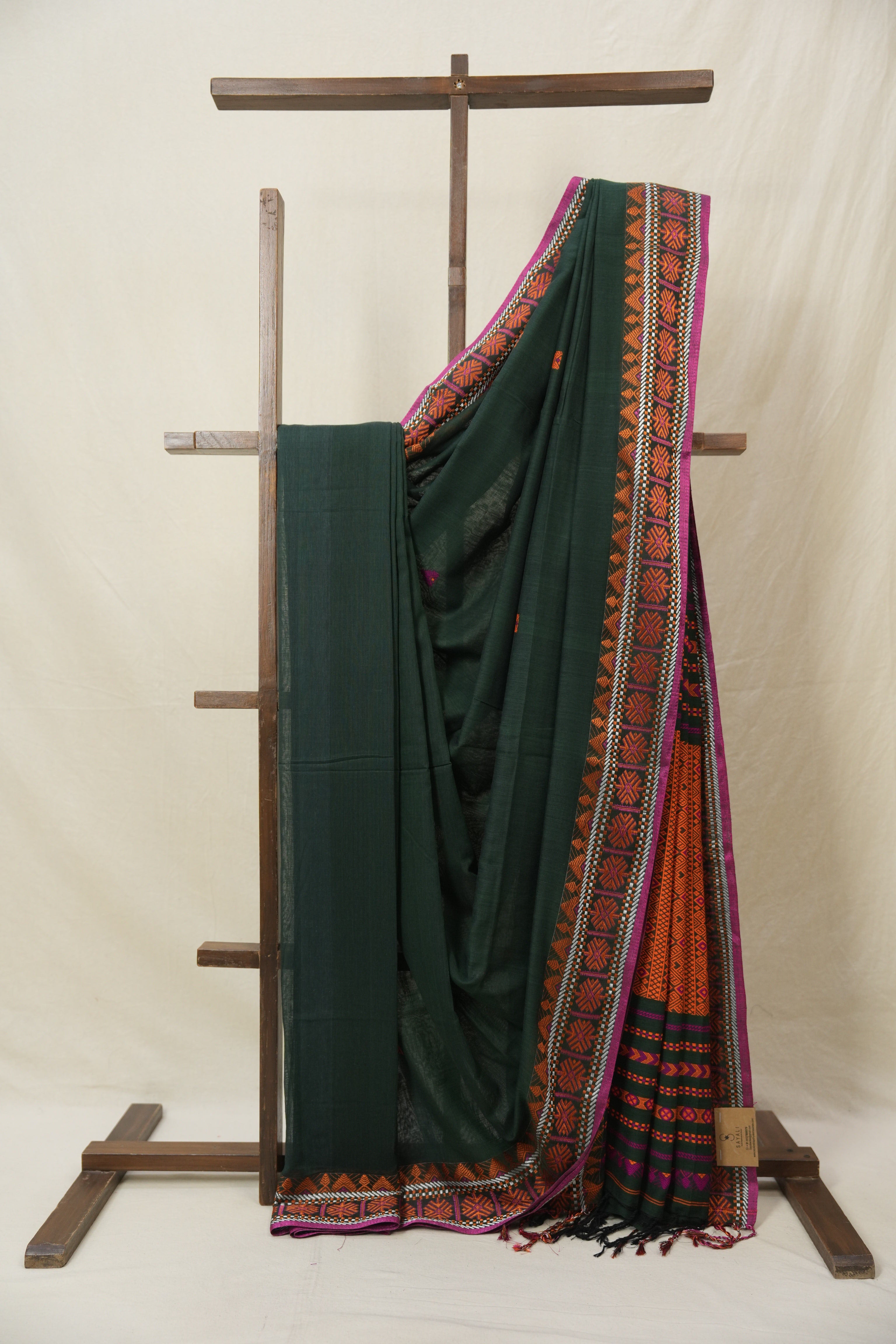 Dark Green Bengal Khadi Cotton Saree - SRDGBKCS167