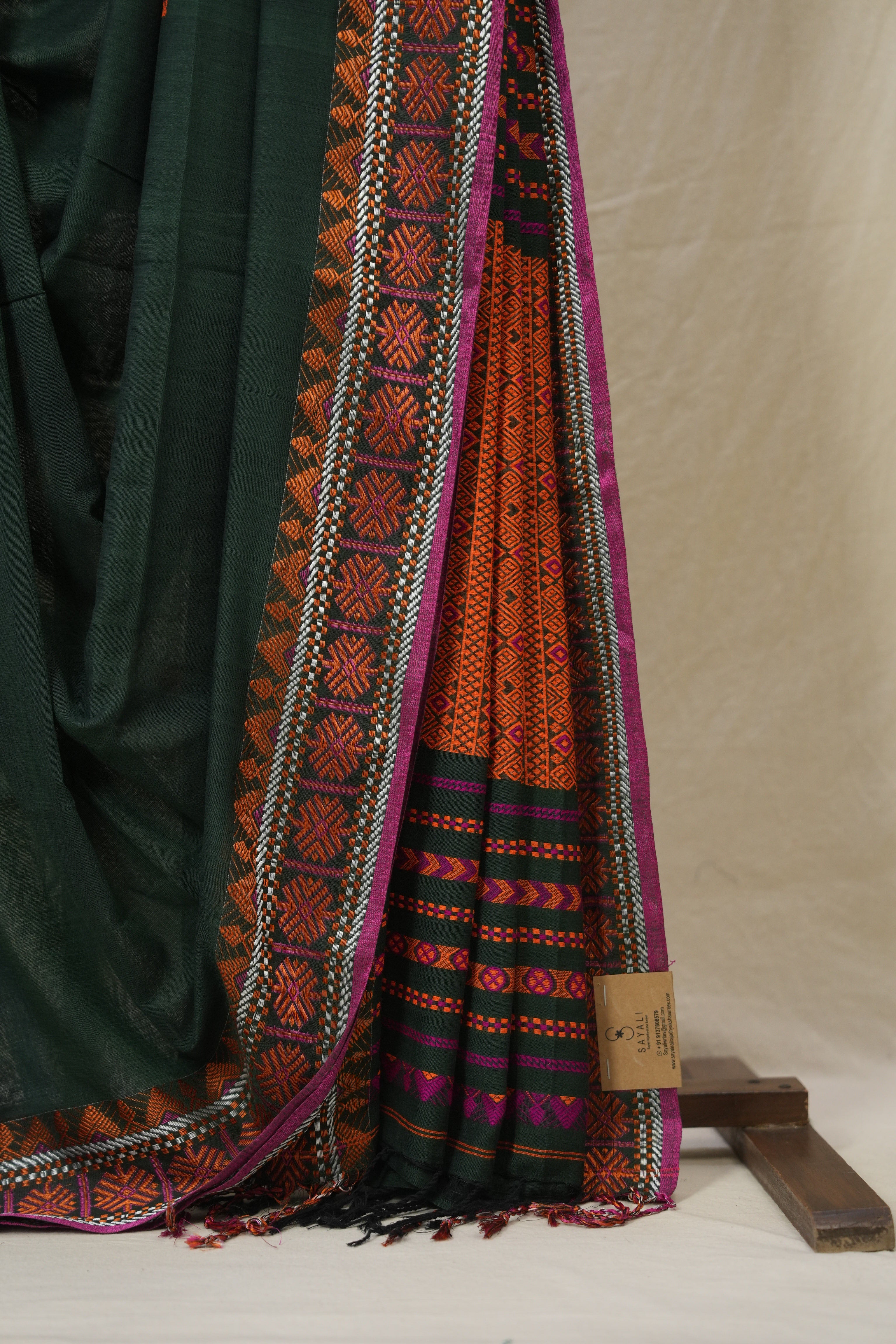 Dark Green Bengal Khadi Cotton Saree - SRDGBKCS167