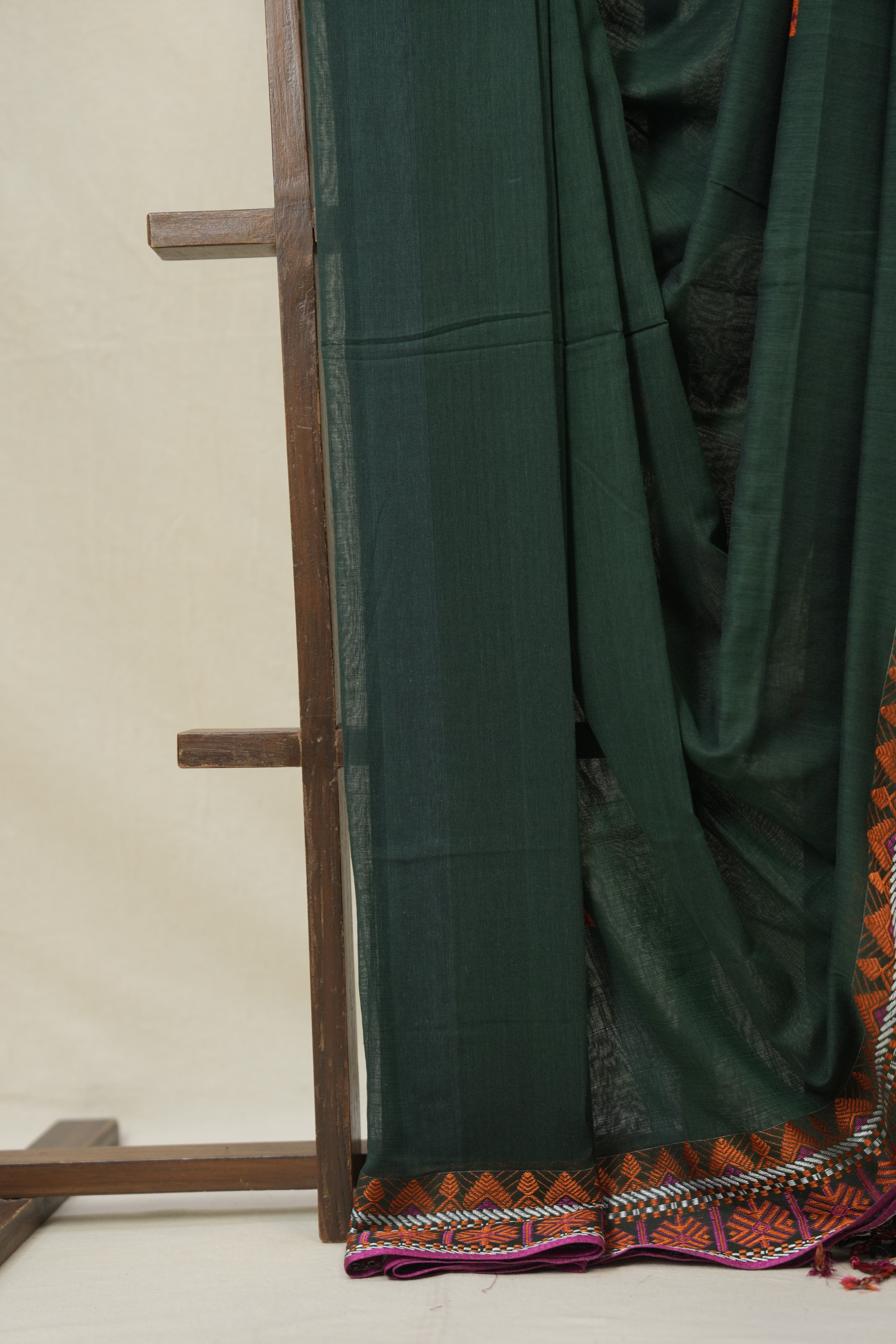 Dark Green Bengal Khadi Cotton Saree - SRDGBKCS167