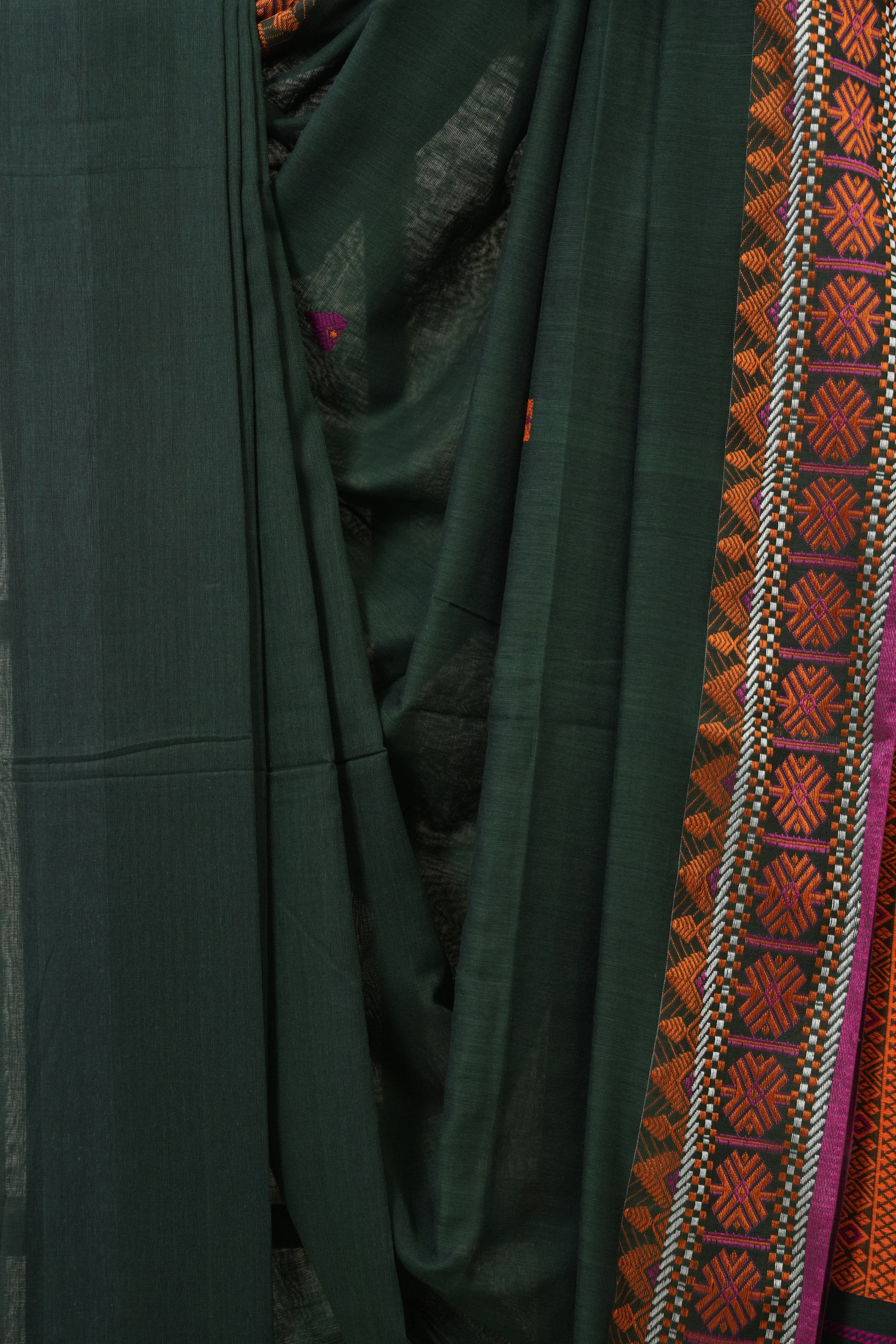 Dark Green Bengal Khadi Cotton Saree - SRDGBKCS167