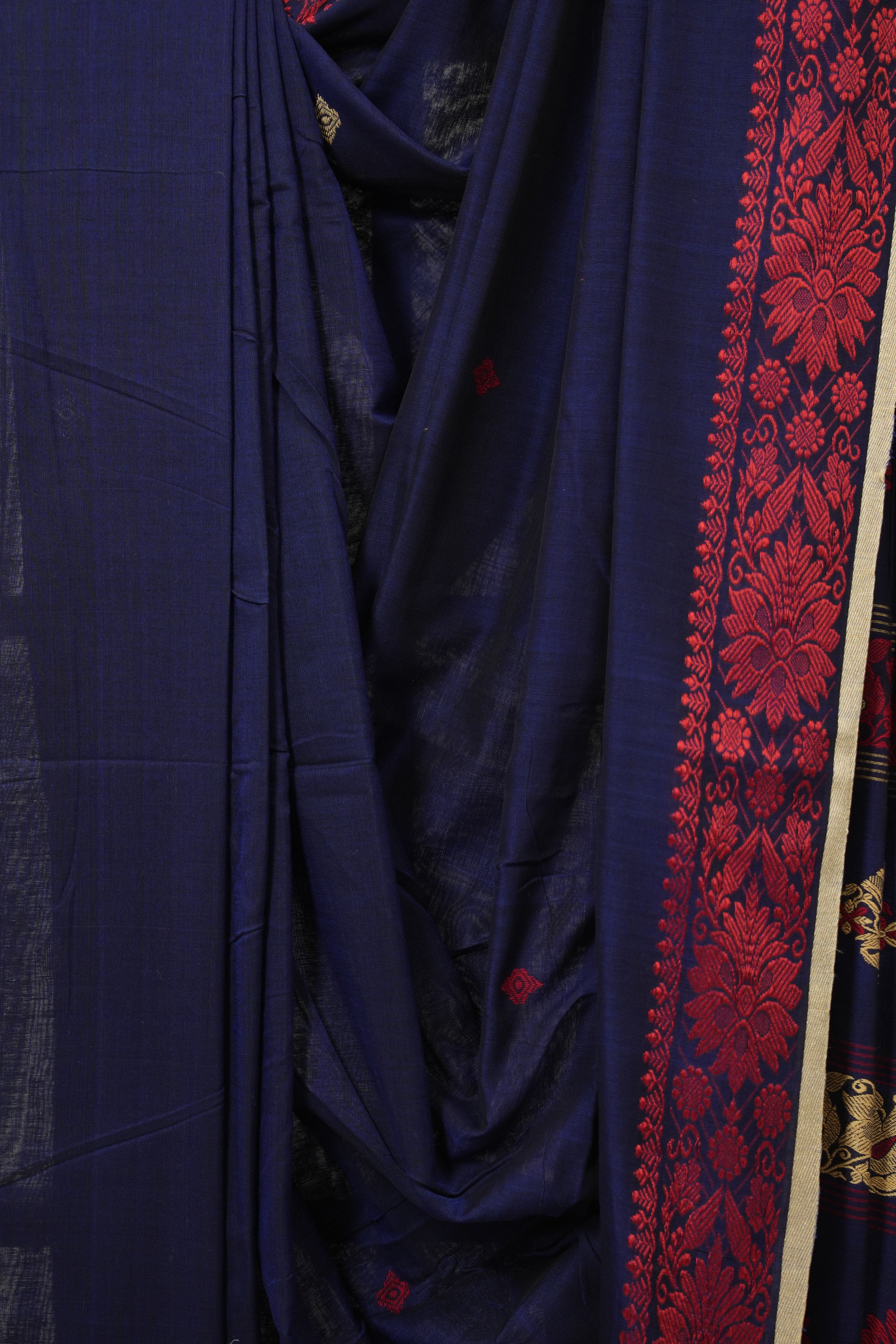 Navy Blue Bengal Khadi Cotton Saree - SRNBBKCS168