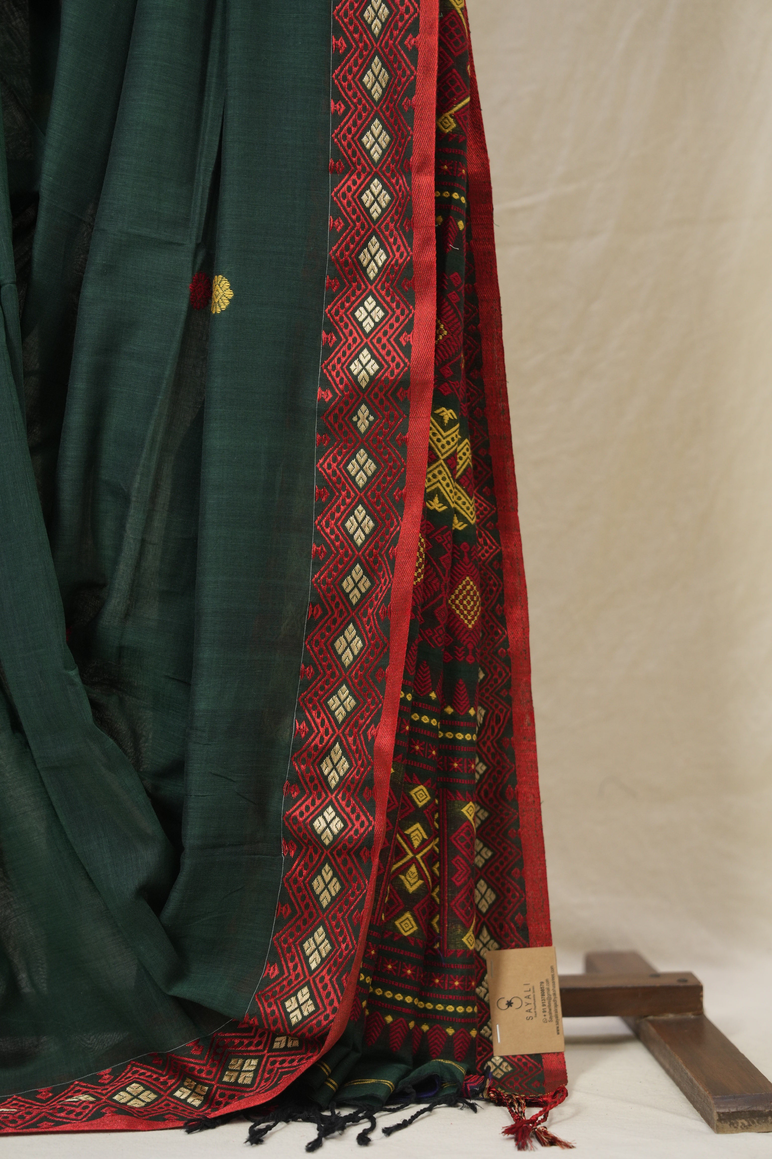 Dark Green Bengal Khadi Cotton Saree - SRDGBKCS172