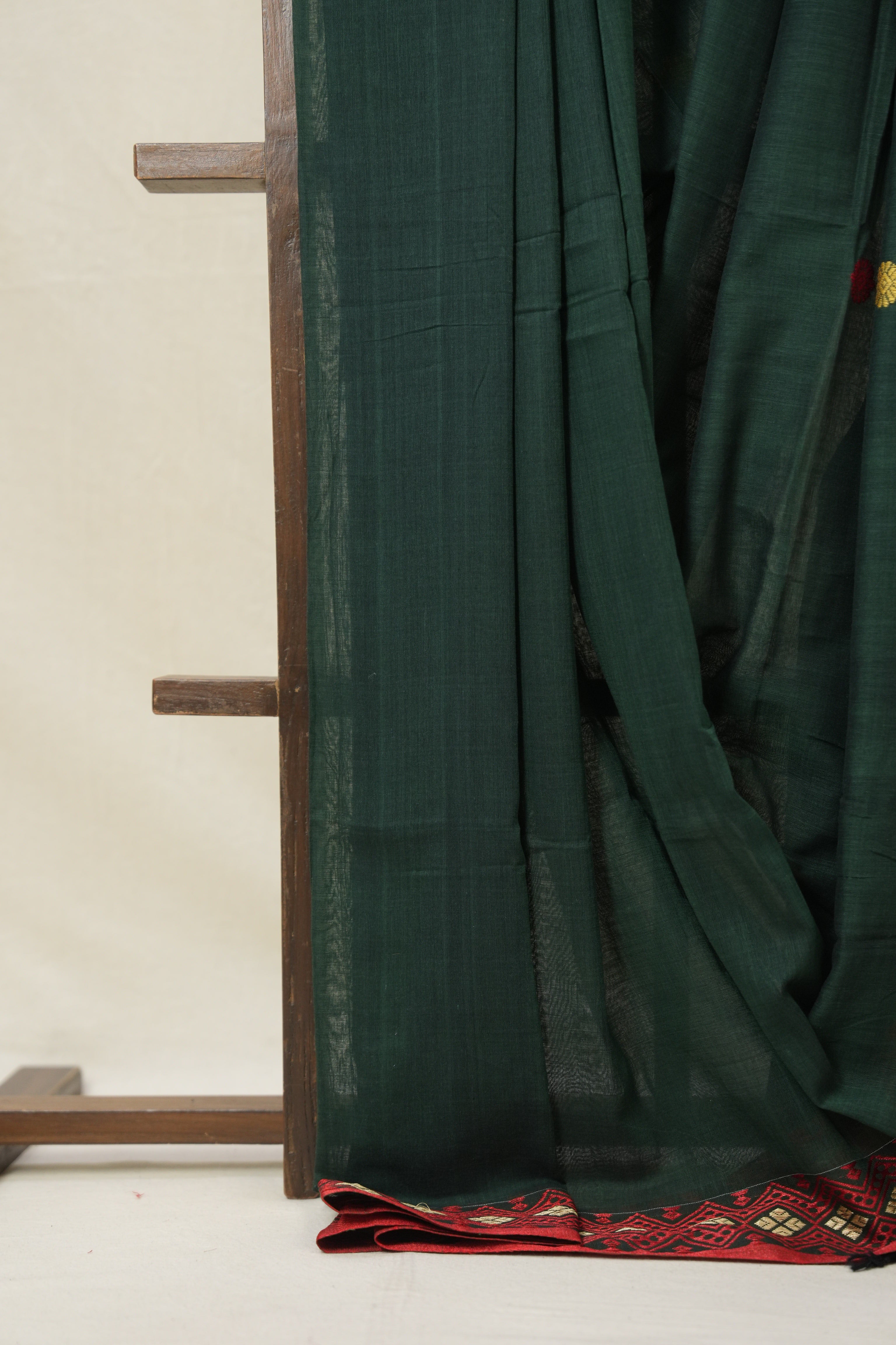 Dark Green Bengal Khadi Cotton Saree - SRDGBKCS172