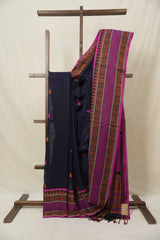 Navy Blue Bengal Khadi Cotton Saree - SRNBBKCS164