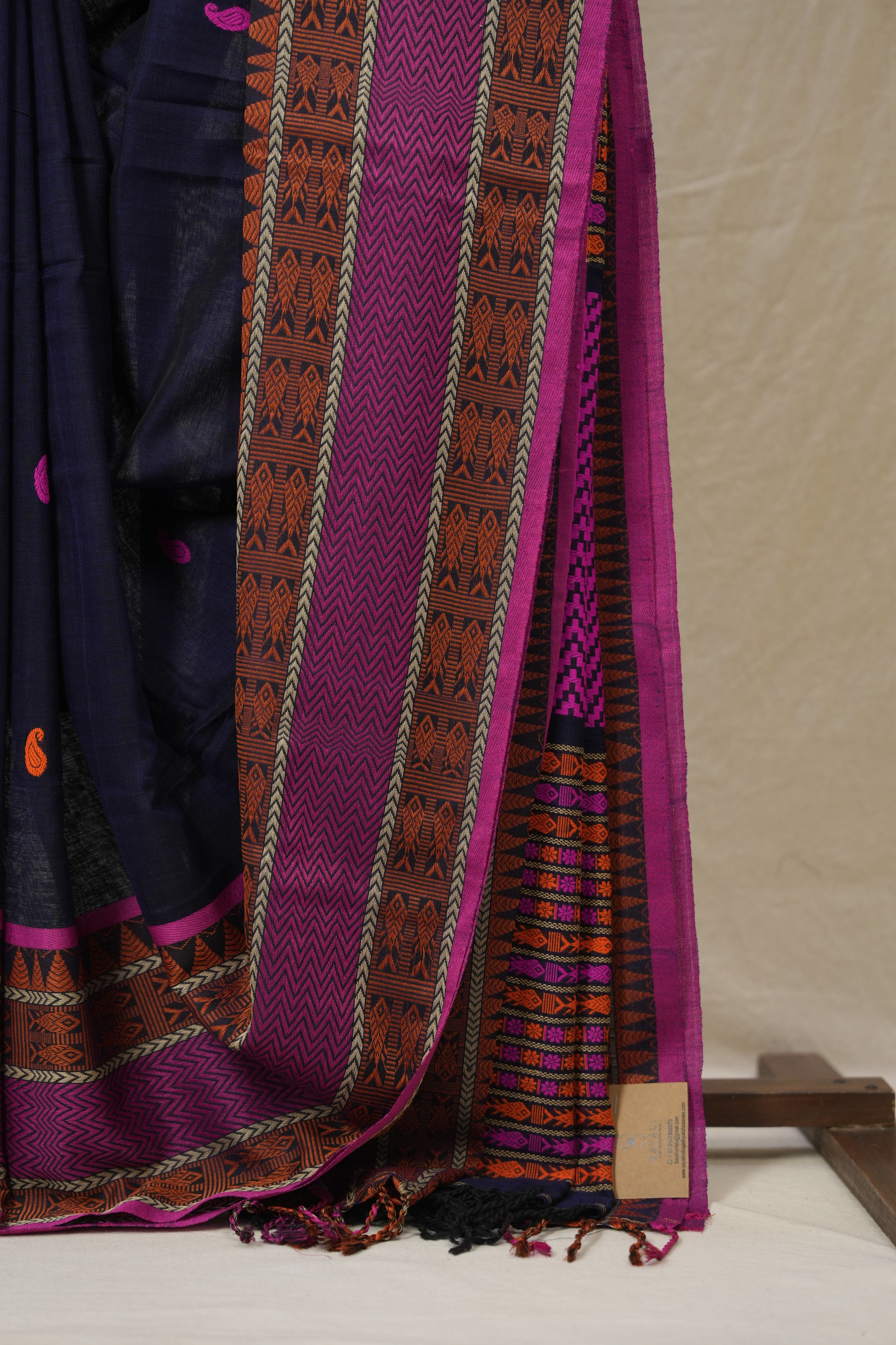 Navy Blue Bengal Khadi Cotton Saree - SRNBBKCS164