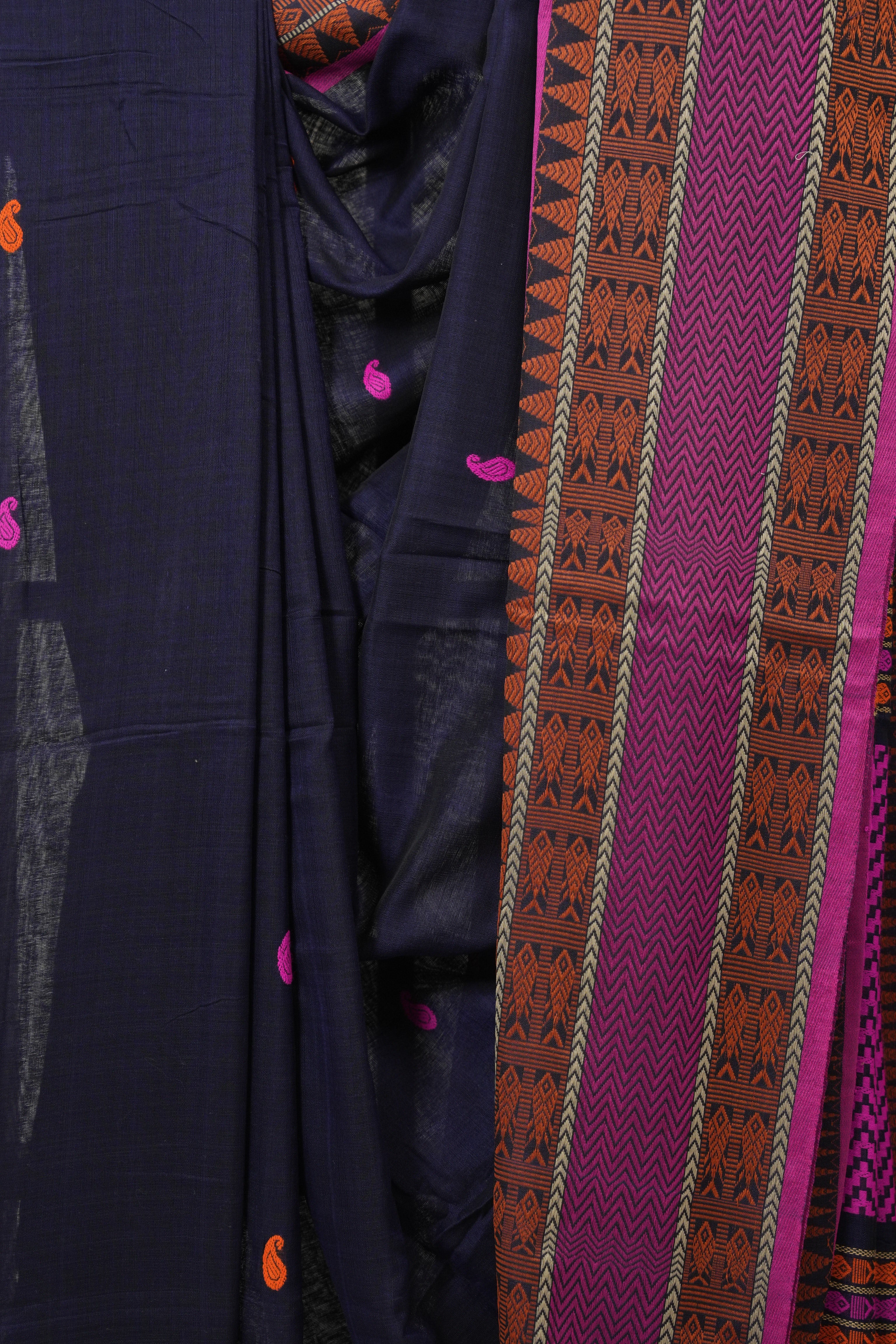 Navy Blue Bengal Khadi Cotton Saree - SRNBBKCS164