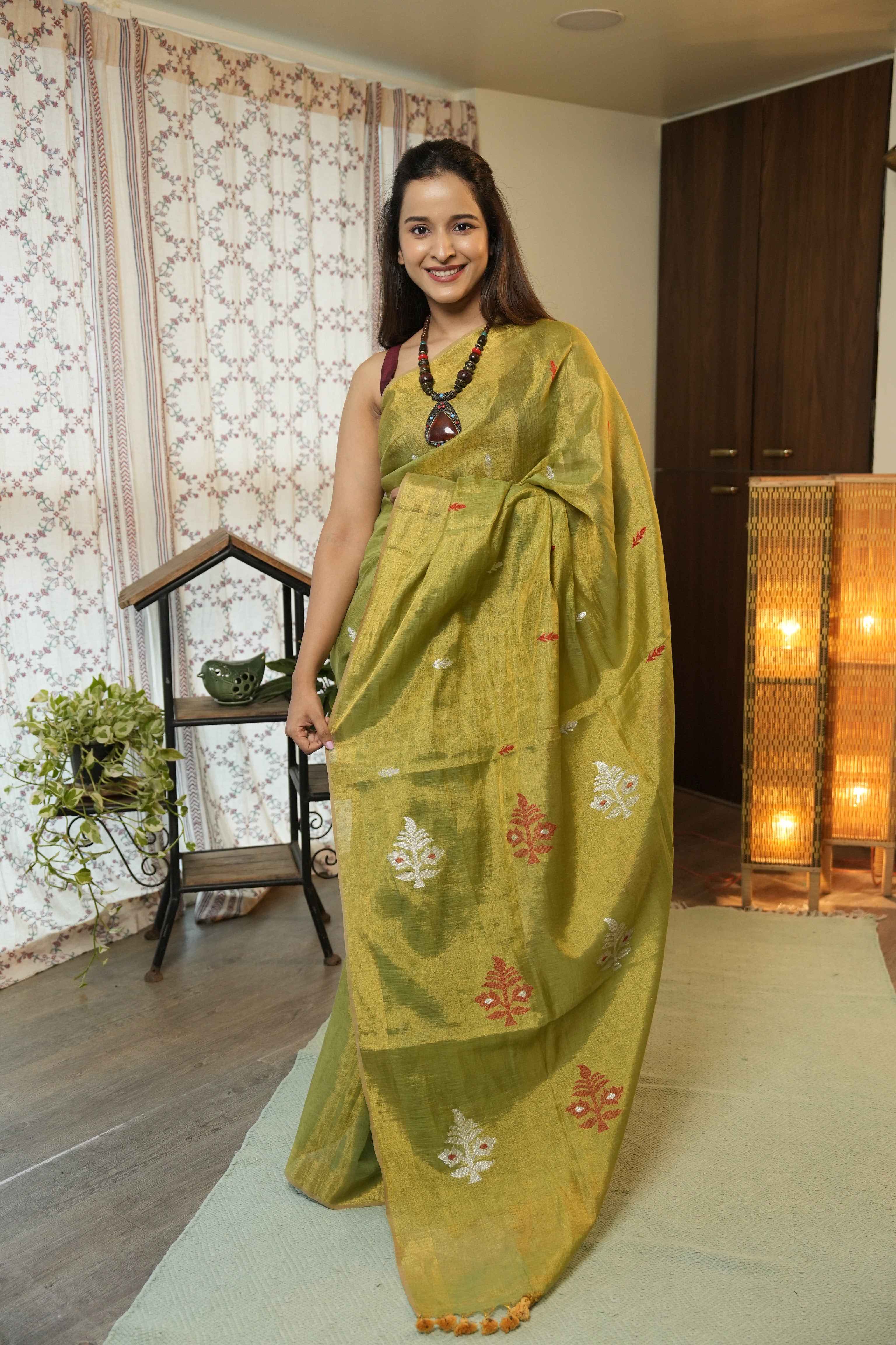 Gold Green Tissue Linen Jamdani Saree - SRGRTLJS156